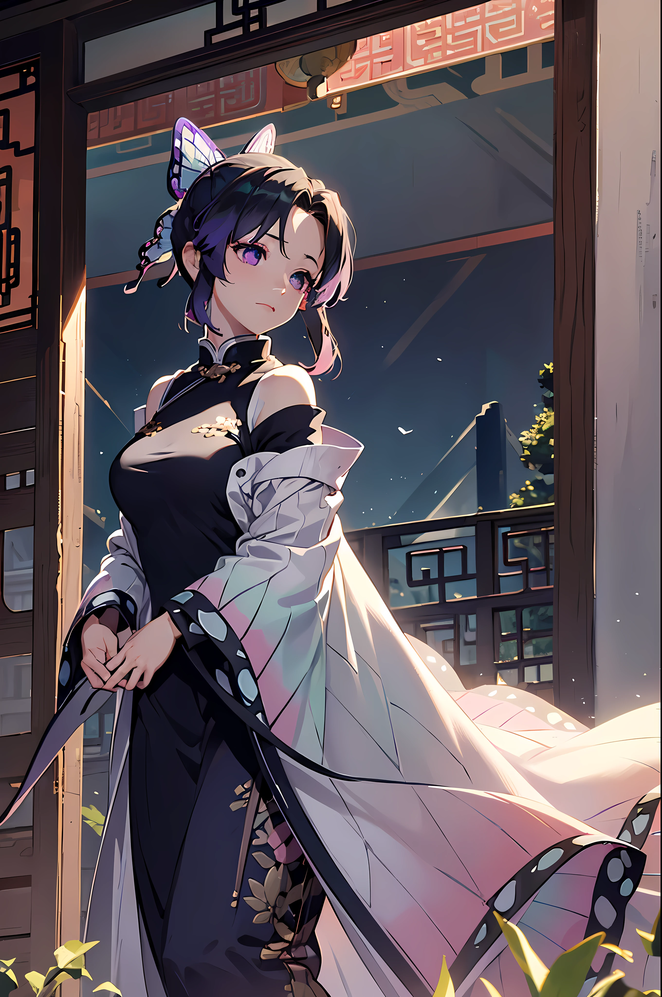 Surreal 8K CG,masterpiece,((Ultra detailed backgrounds,delicate pattern,intricate details)),best quality best,kochou shinobu,multicolored hair,no bangs,hair intake,purple eyes,forehead, alone ,chibi,Tyndall effect , (china_dress:1.4),(dokyo_distance_background:1.2) ,(cowboy shot) , (standing) , (face:1.2) ,(embarrassing_expression:1.2) , No concealment , sexy , (off shoulder_dress:1.2)
