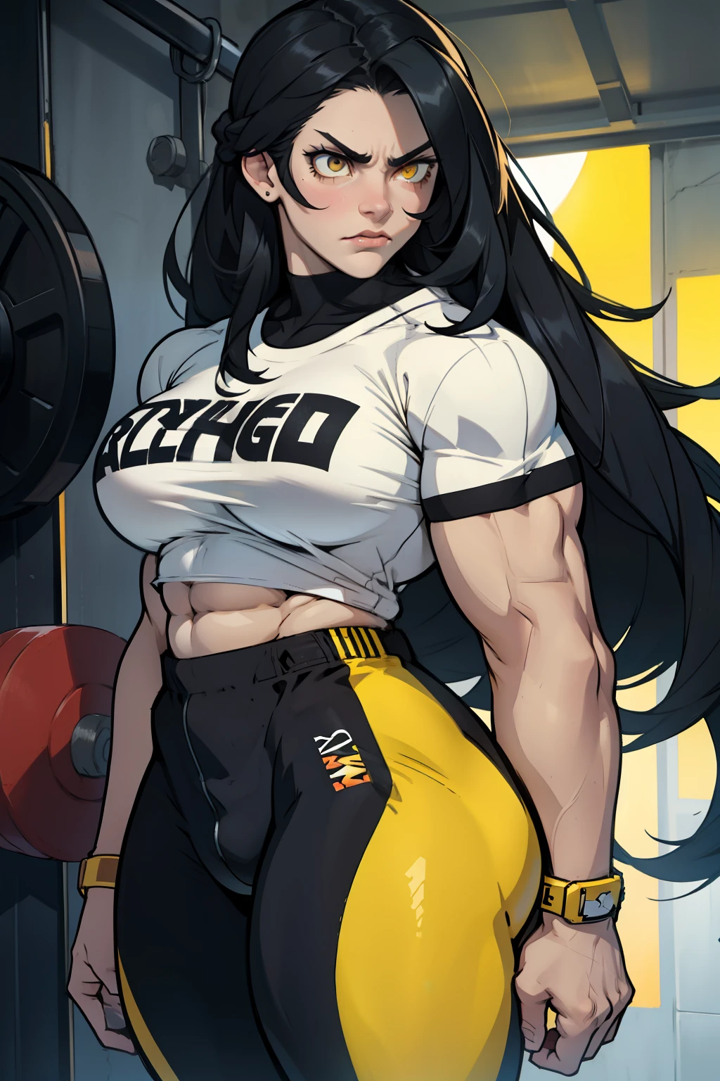 angry ((((1girl)))) (((bodybuilder))) pale skin black hair very long hair yellow eyes