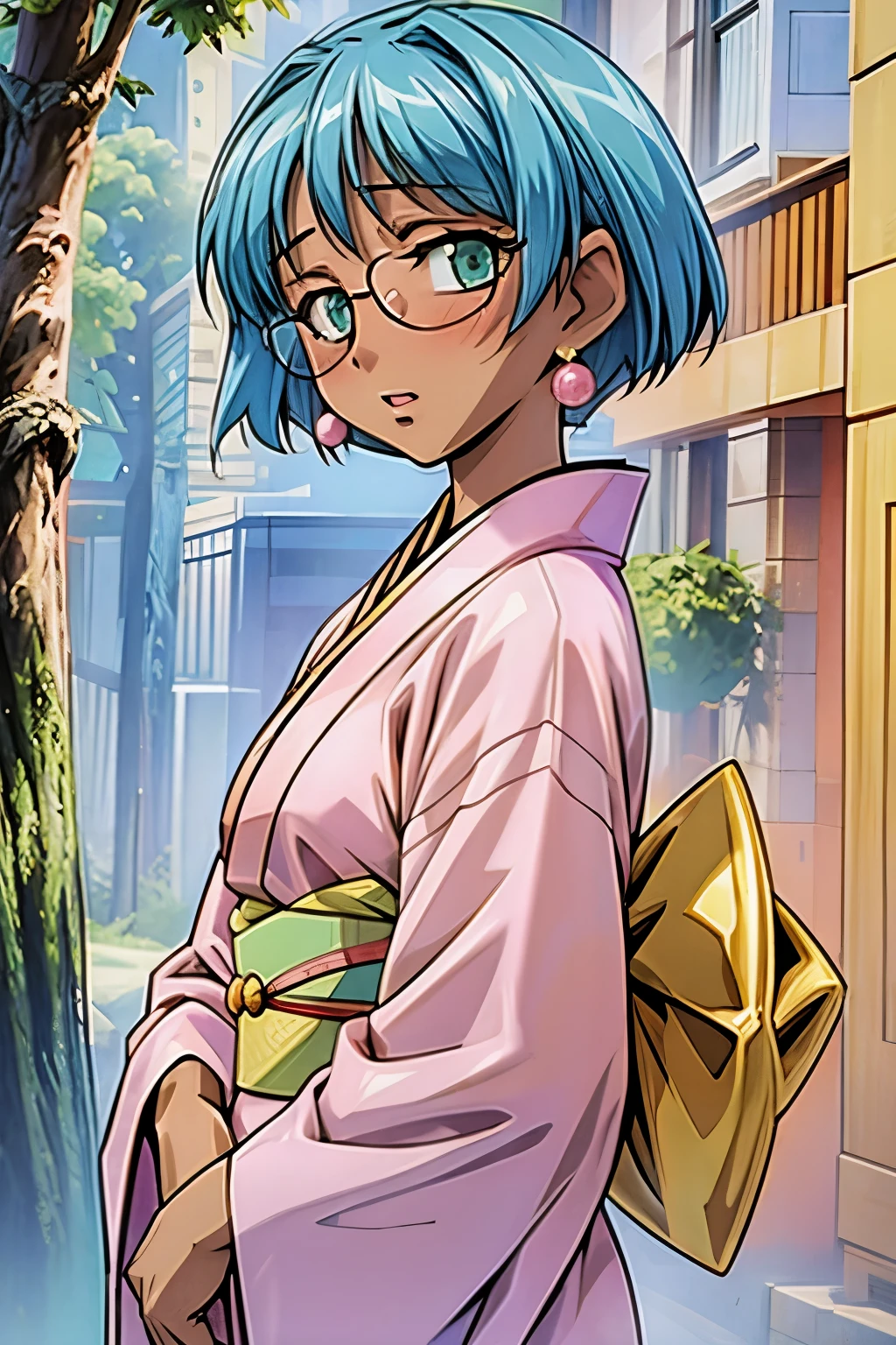 (masterpiece, best quality:1.2),Bobby Lou Lowal,1 girl, alone,Exquisite hair color，short hair，( Wearing a sexy kimono:1.2)，too big,glowing skin，dark skin，wear glasses，earrings（（（surprised expression）））blush，pastel tones，pink lips