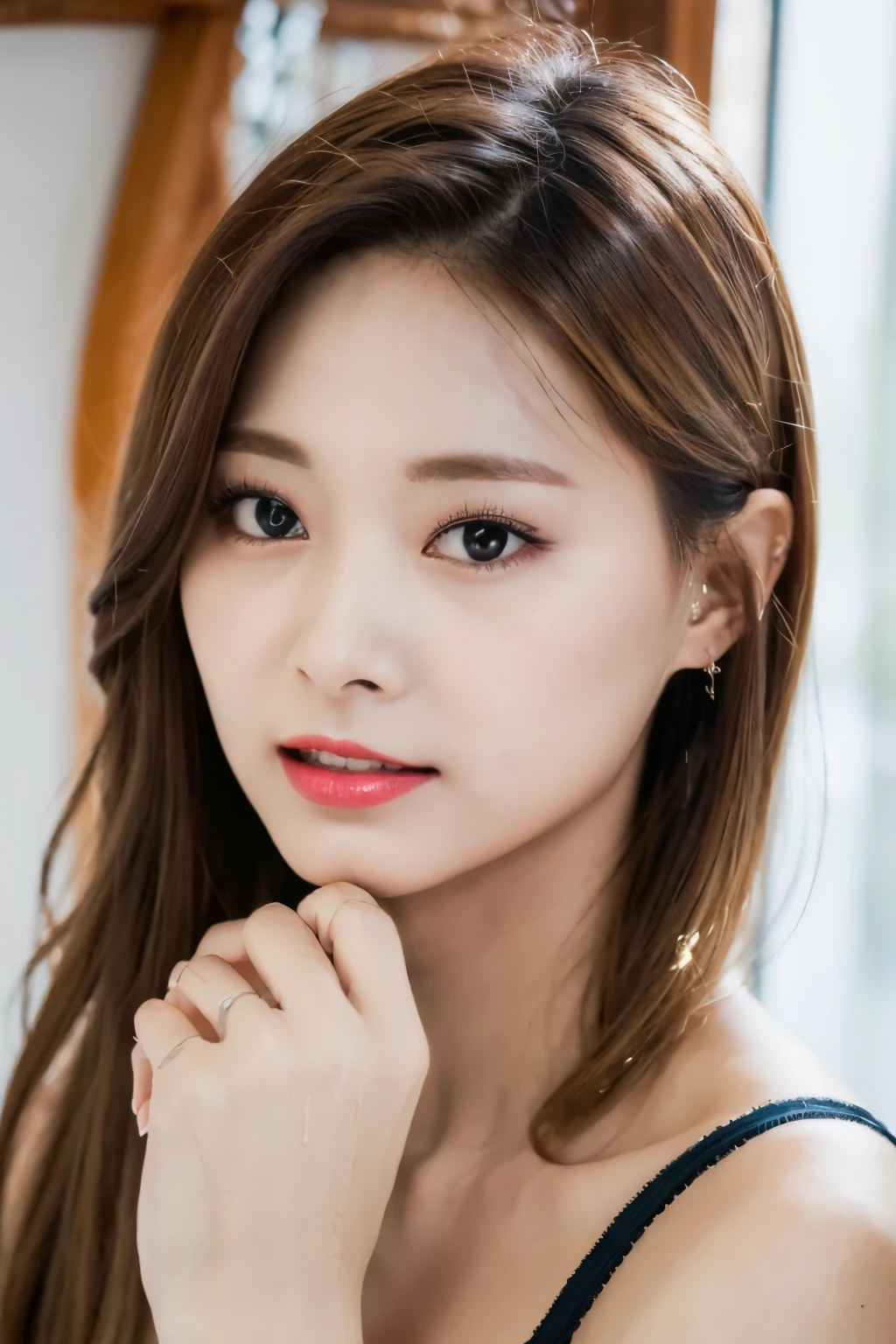 tzuyutwice、japanese girls、8k, best quality、 real image, intricate detail、ultra-detail、ultra-high resolution、 depth field、 (realistic, realistic: 1.2), masterpiece, photo 1girl,18yo girl、ple short hair、black Hair、bangs、BROWN EYES、Perfect figure、Sense of transparency、luster、 Mysterious, Intricate details, Erotic,,((layers-Cut,tits out:1.2)), big breasts, thin waist, tight hips, Wet and messy、de pele branca、Black panties、A sexy、bra very、a shower、bathroom