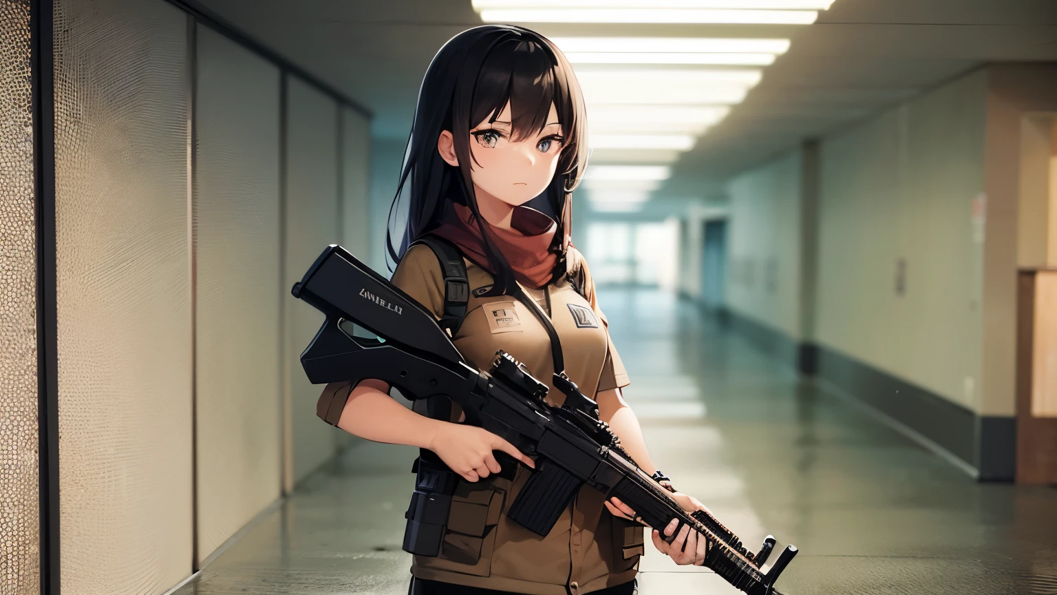 1 girl,Female college student,,serious face,He holds a rifle with a colorful handle and a scope.,school hallway,There&#39;s an explosion in the back,4k,best quality,