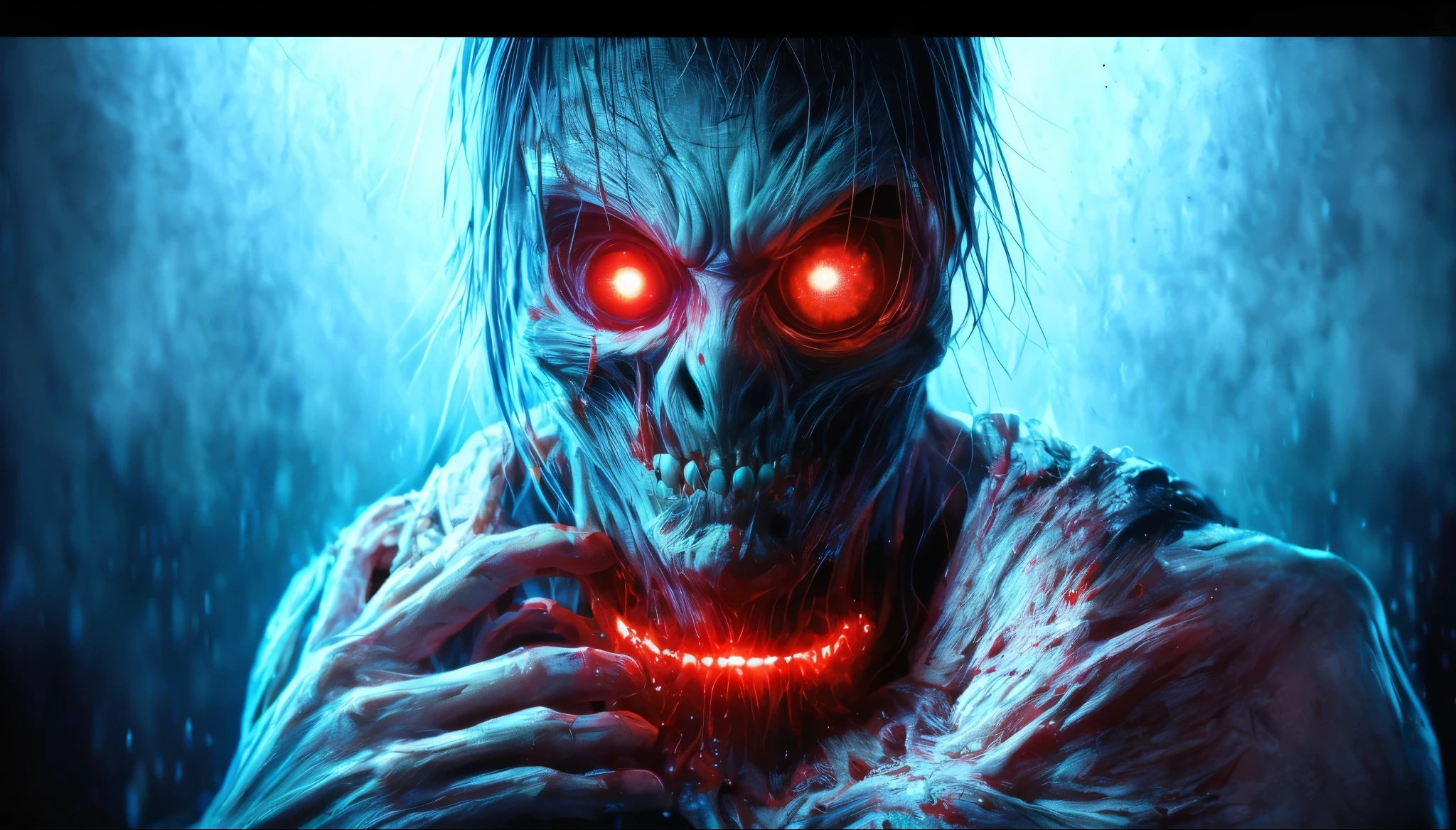 (Upper body、from the  up:1.5), disgusting horror images, unknown creature、evil smile and glowing eyes, Awesome color art in 4K, Best Jump Scare Scenes, Very scary, glowing eyes and mouth, red eyes shine, his eyes are red and shining, blue shining face, completely red eyes、No pupil、split mouth