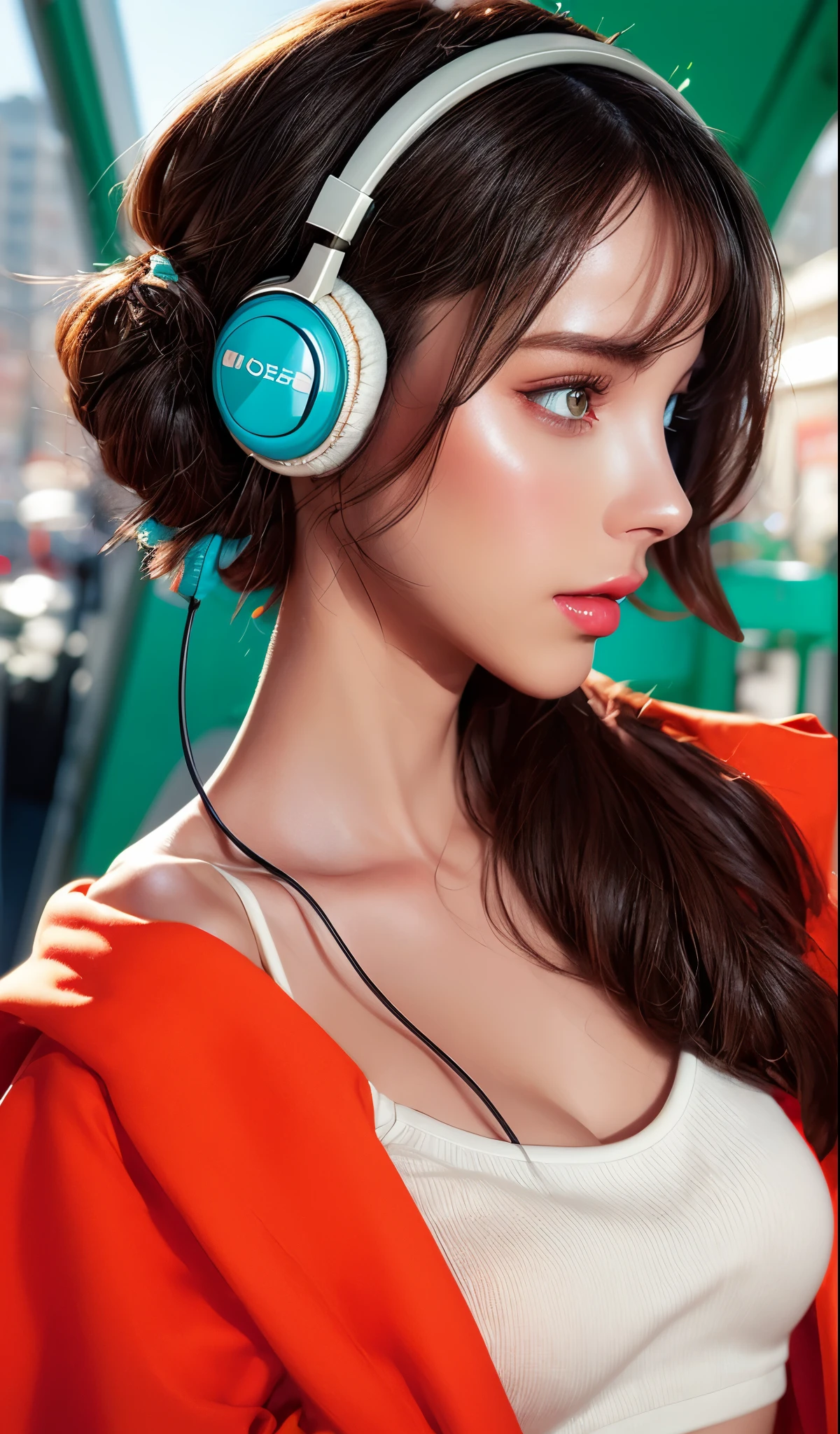 model girl wearing headphones, city background, intricate details, aesthetically pleasing pastel colors, poster background, art by conrad roset and ilya kuvshinov