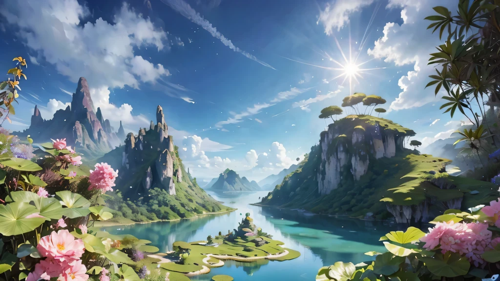 《avatar》pandora'floating island,Wonderful picture,bright colors,Blue filter,悬浮在空中的floating island,Varies in morphology,huge mountains,Winding,The surface is covered with dense vegetation,各种奇异的植物在floating island上生长繁殖,floating island的颜色非常鲜艳,in green、Mainly blue.feeling of energy,阳光透过云层照射在floating island上,Make the silhouette of vegetation clearly visible in the sky,various strange creatures,Full of energy and vitality,pandora'floating island美丽而神秘,Advanced special effects technology,Exquisite scene design,A world full of fantasy and imagination