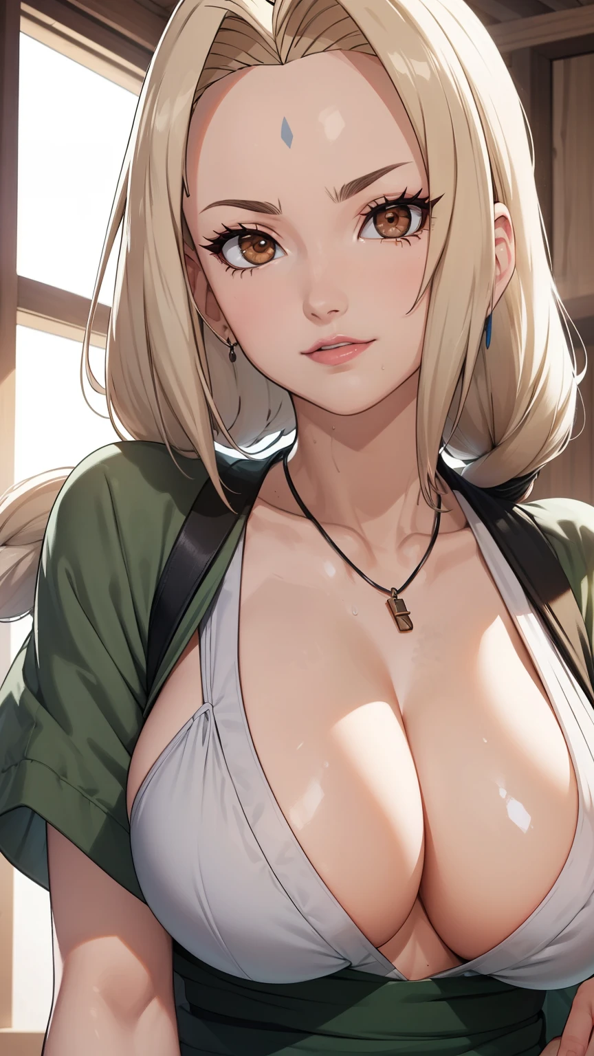 (enormes tetas), escote, buena anatomia Film movie still, tsunade、Se destaca、30 years、piel palida、sonrisas inocentes、(A detailed Face)、(piel detallada)、wet, Los detalles son complejos、Shallow depth oF Field、[volume Fog]、movie lighting、ReFlectors、una Canon EOS R5、lente de 50 mm、F / 2.8、shot at 8k resolution、de cerca, inside the room, escritorios, verdor, ((huge tits)), tongue out, tongue out, tongue out, makeup, light smile, wince, hair flower, maid headdress, jewelry, blunt bangs, braided ponytail, parted bangs, twin braids, very long hair, embarrassed, UHD, retina, super detail