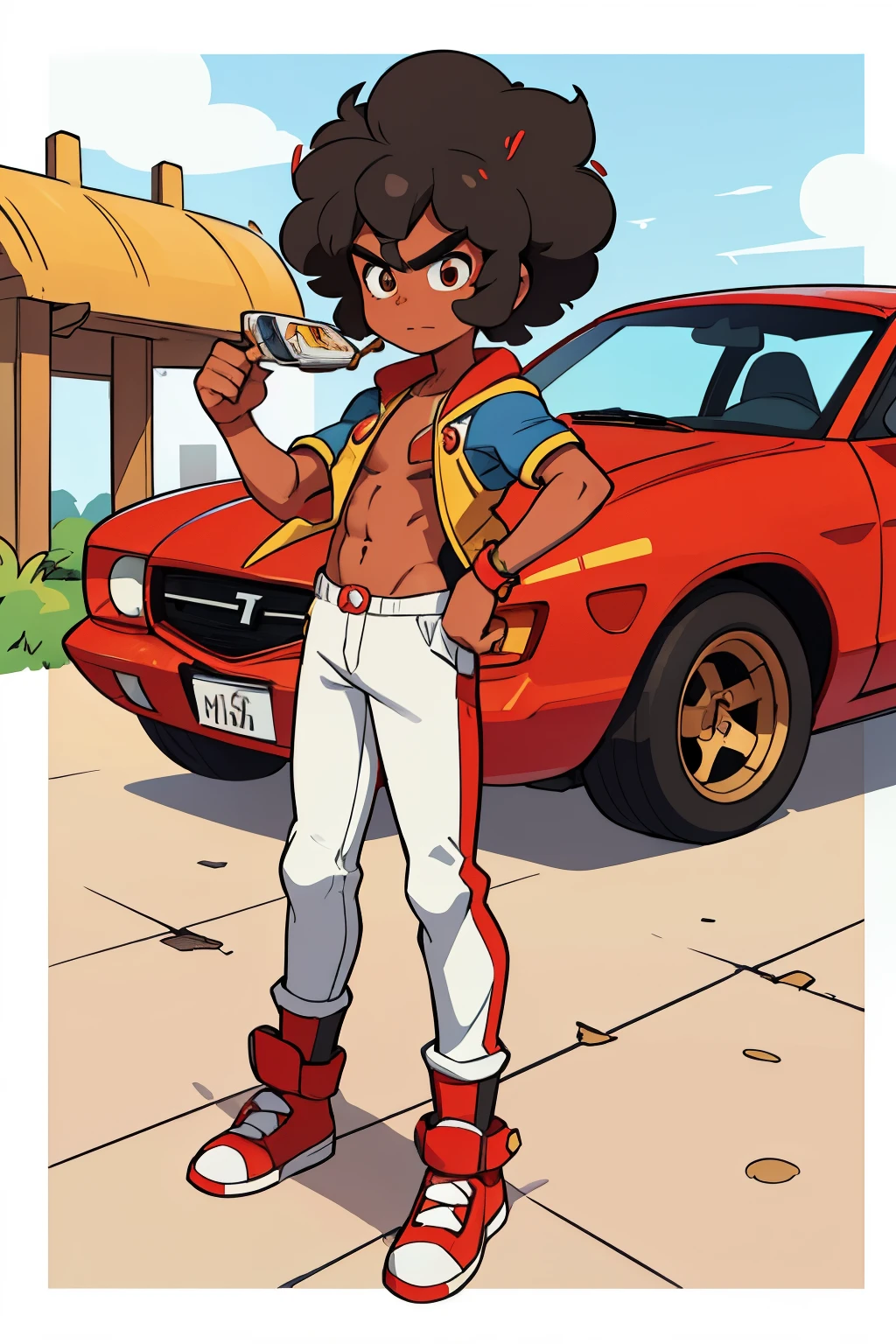 Speed racer, African American, male, big Afro, driving the mach 5 T-180, car colors white and red, logo of the letter M on the hood of car, gold Christian chain, red white and blue jumpsuit, one character, Jordan shoes on, the number one in gold on the side of car, very fit male physique, shirtless,