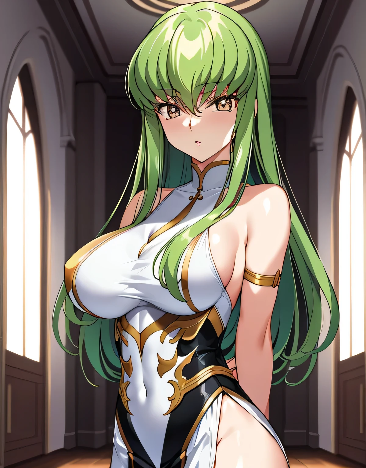 cc_Code Geass,hair between eyes,long hair,white suit,indoor,(:1.5),shiny,hair,((alone)),((masterpiece)),((highest quality)),perfect anatomy,slim waist,perfect image,8k UHD,(detailed and beautiful eyes:1.5),highly detailed face,Are standing,(Upper body:1.1),(look ahead:1.1),back arm,super detailed,disorganized,High resolution,indoor hall,
