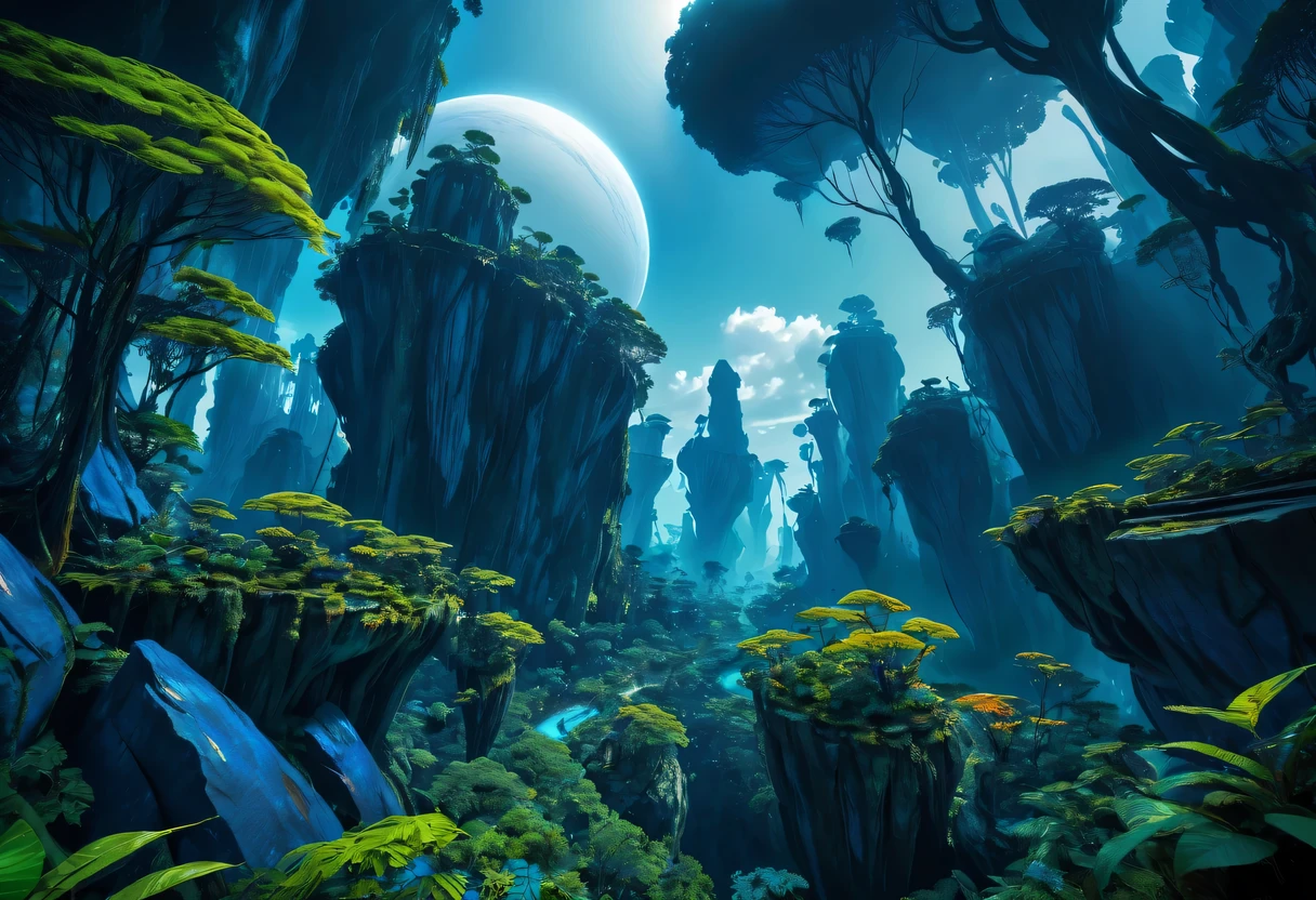 《avatar》Pandora,vast forest,cliff,Peculiar plants,bright colors,Blue filter,super wide angle,atmospheric perspective, panoramic, movie lighting