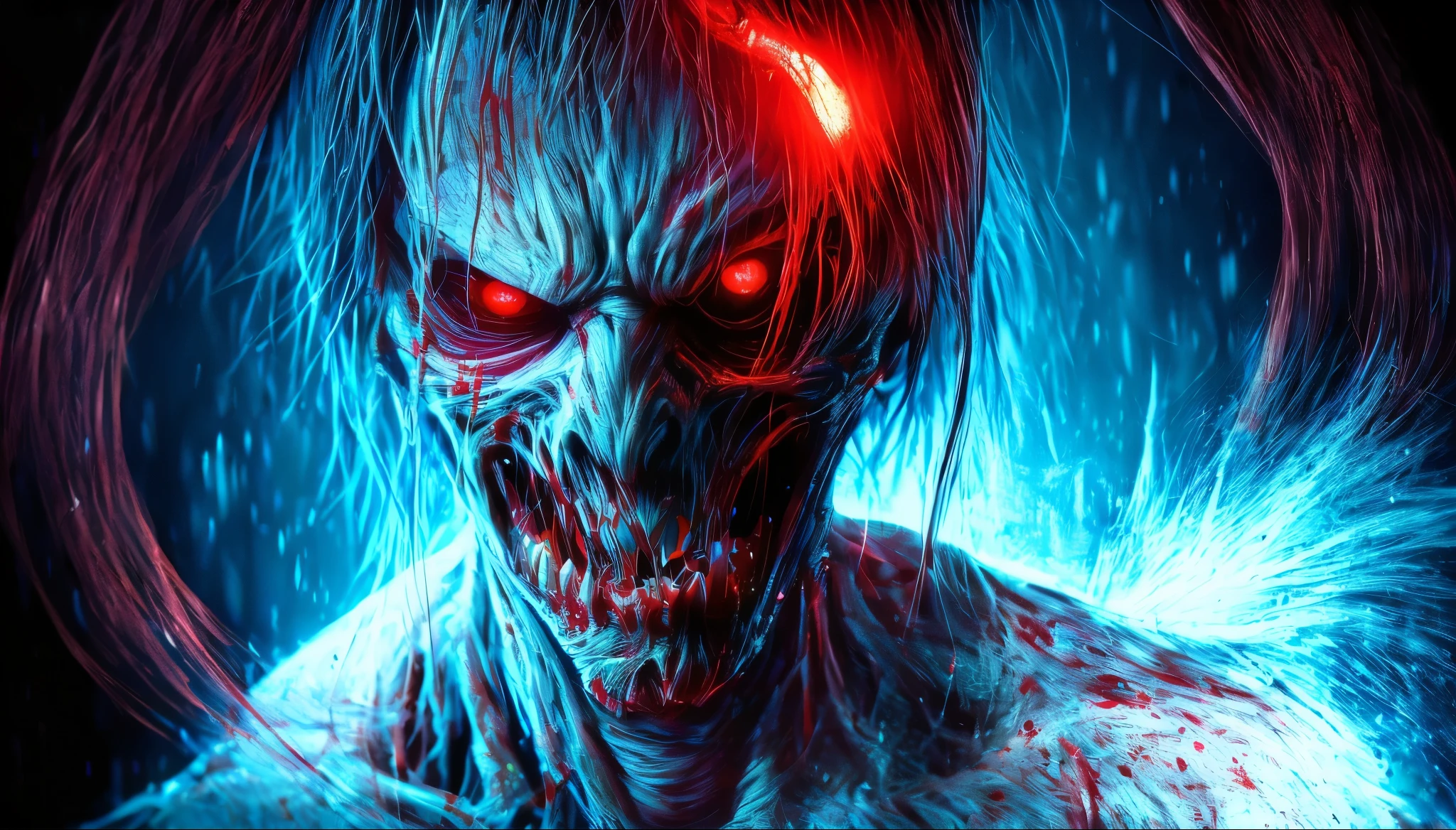 (Upper body、from the chest up:1.5), disgusting horror images, unknown creature、evil smile and glowing eyes, Awesome color art in 4K, Best Jump Scare Scenes, Very scary, glowing eyes and mouth, red eyes shine, his eyes are red and shining, blue shining face, completely red eyes、No pupil、split mouth