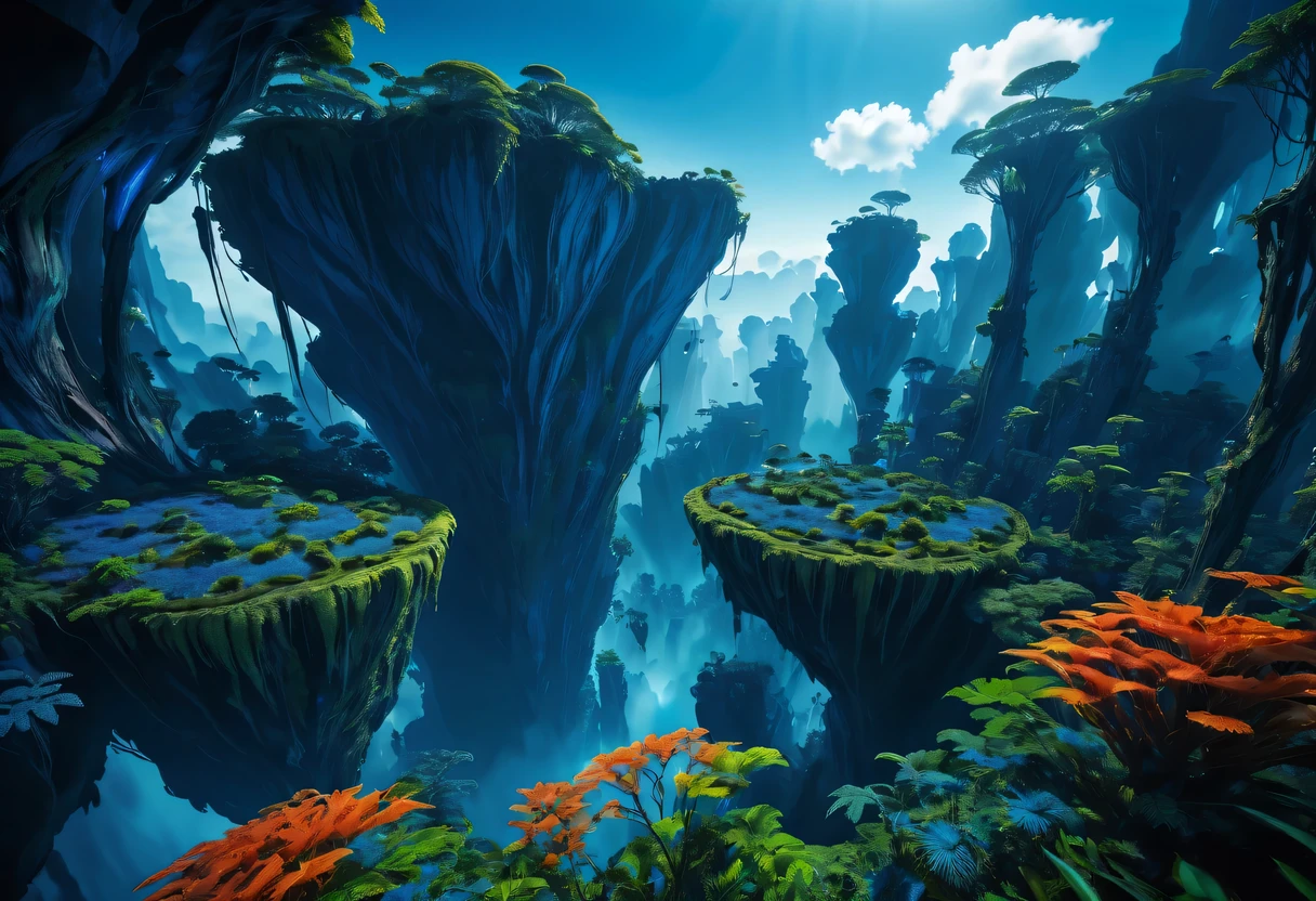 《avatar》Pandora,vast forest,cliff,Peculiar plants,bright colors,Blue filter,super wide angle,atmospheric perspective, panoramic, movie lighting
