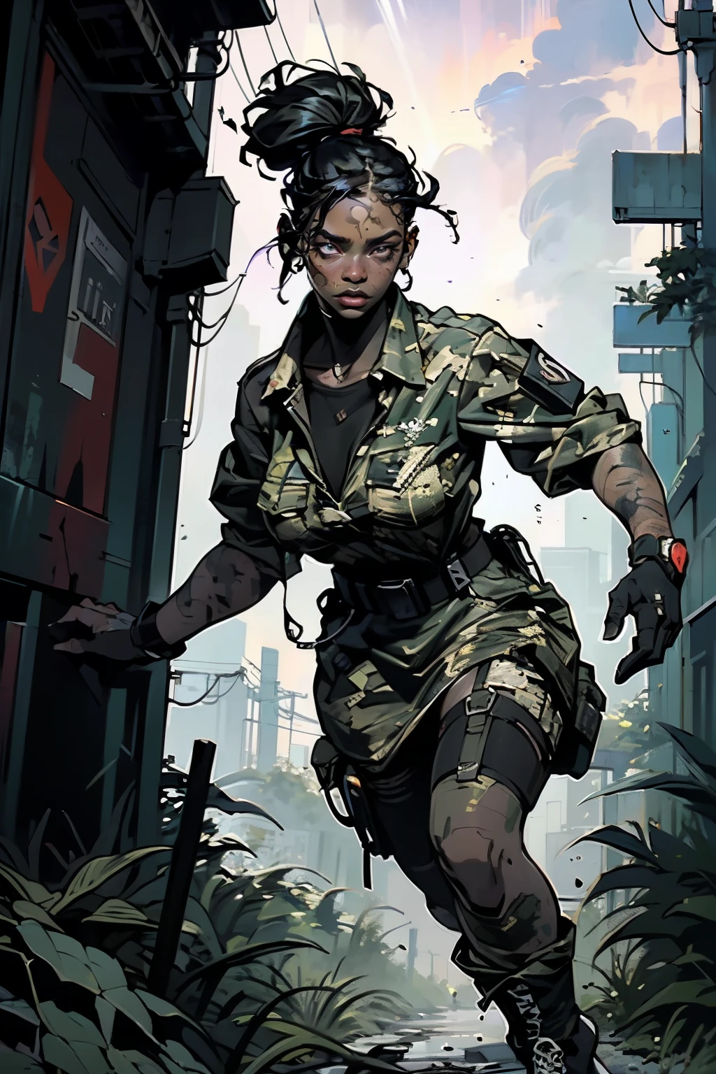 ((Best Quality)), ((Masterpiece)), (High Detail:1.3), gun in hand,beautiful (cyberpunk:1.2) rebel special forces, ((dark-skinned flat-chested Caribbean woman with thick violet dreadlocks hairstyle running through muddy dense cannabis indica forest)) in (in camouflage_uniform:1.1), cerulean digital (camouflage: 1.3), HDR (High Dynamic Range), anisotropic filtering, maximum clarity and sharpnesenacingly storming sky filled with gnarly lightening)