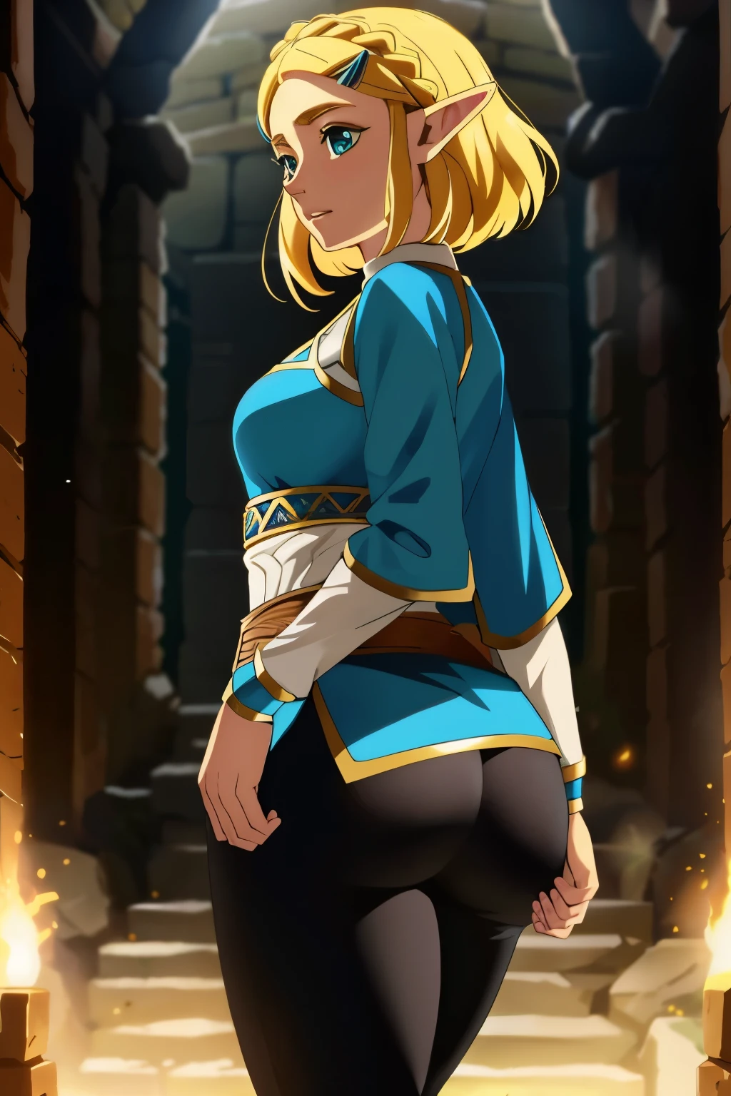 best quality, expressive eyes, perfect face, short hair, blonde girl, elf, zelda princess, princess zelda clothes, the legend of zelda, totk, tight sexy black pants, large breasts, large ass, facing away from viewer, good lighting, looking over shoulder at viewer 