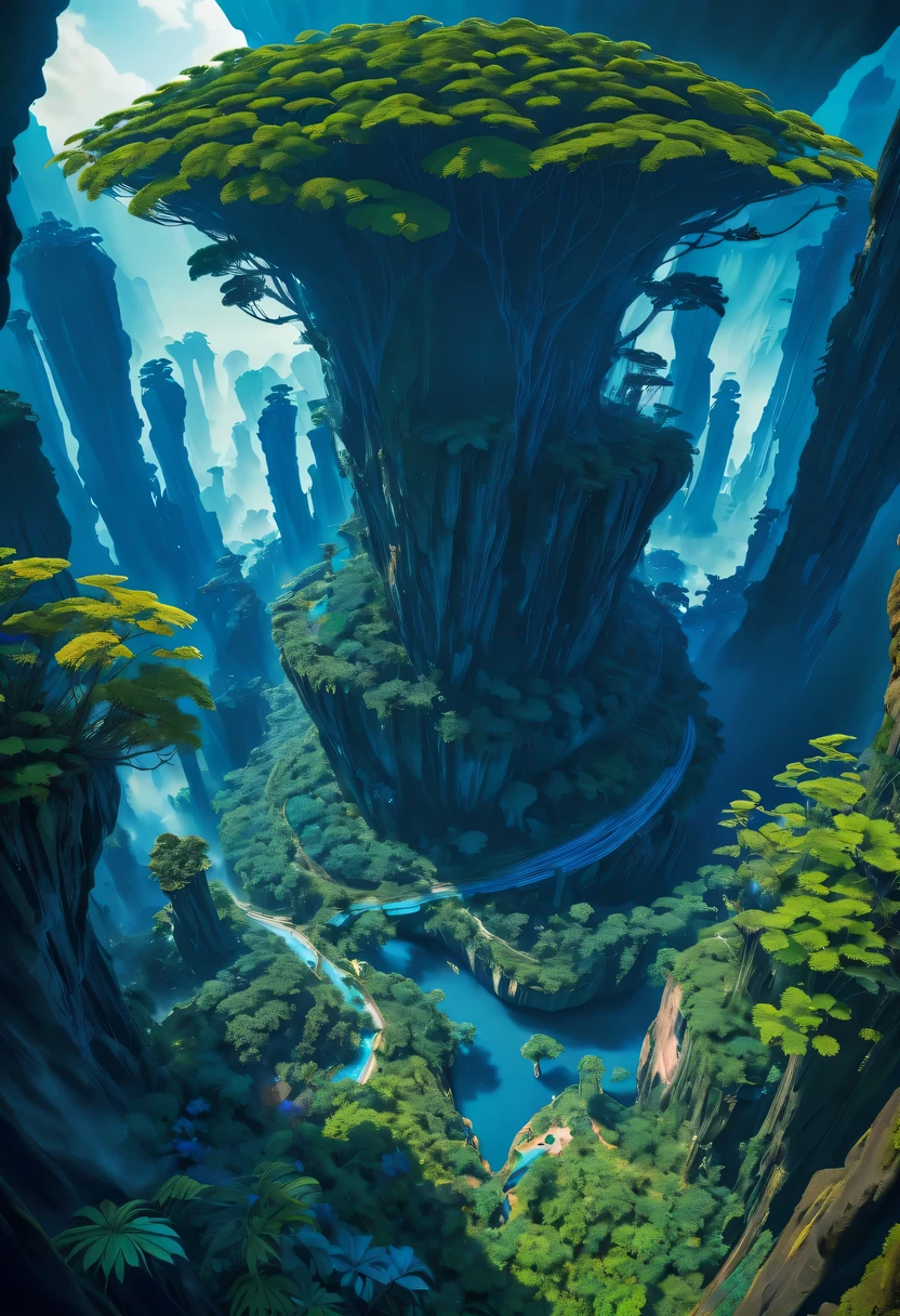 《avatar》Pandora,vast forest,cliff,Peculiar plants,bright colors,Blue filter,super wide angle,atmospheric perspective, panoramic, movie lighting
