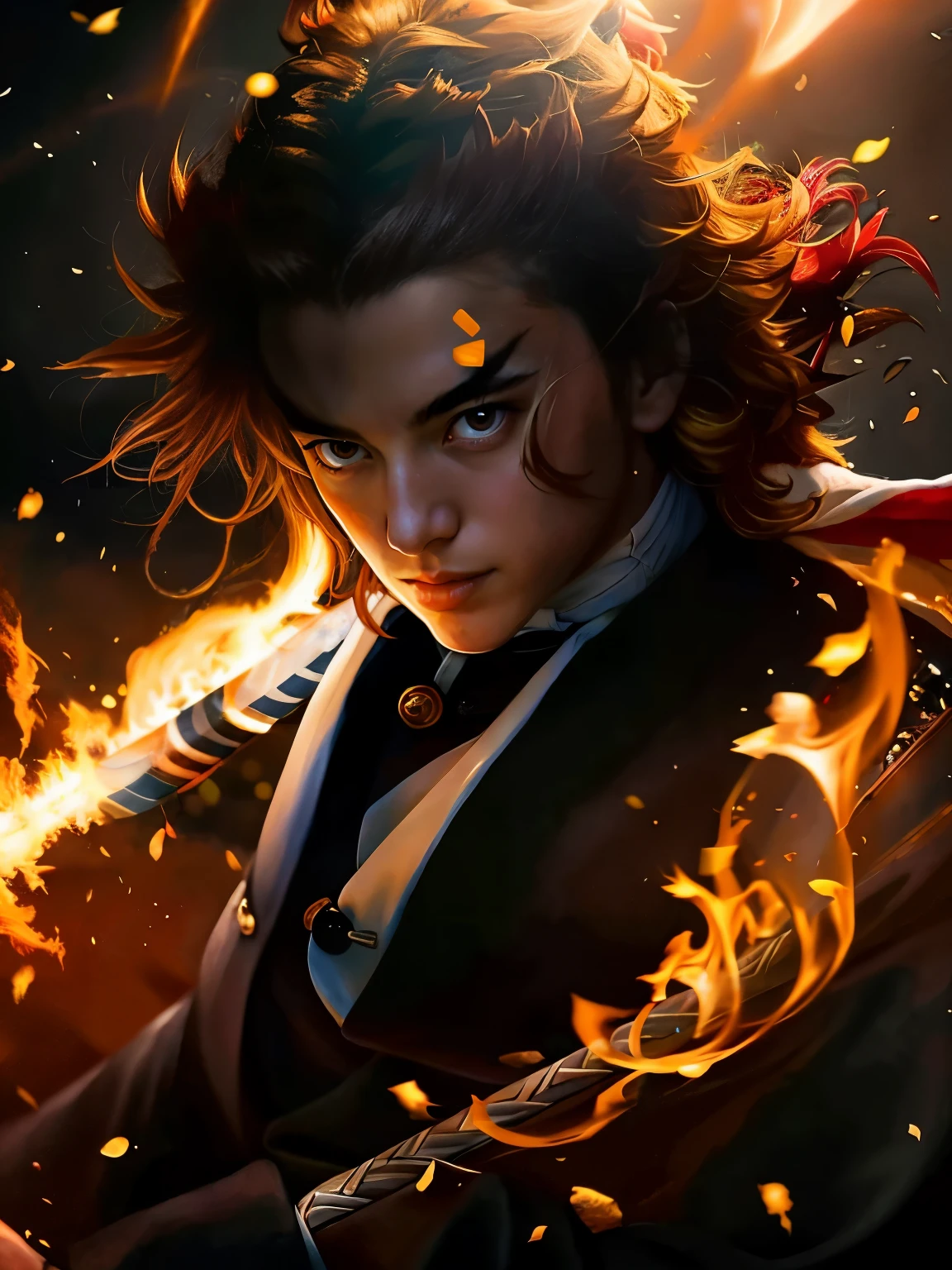 The image of Rengeshijuro in "Demon Slayer: (((Kimetsu no Yaiba)))" is vividly depicted. A masculine and brave man, ((((gold hair)))), wielding a sword ,The work uses delicate brushwork to show the majesty and heat of the fire pillar, immersing the viewer in a heroic and exciting atmosphere. Each stroke reflects the exquisite skills of a true artist and highlights the indomitable spirit of the Fire Pillar, which is deeply admired and moved. ", JRPG, , high contrast, cel shading