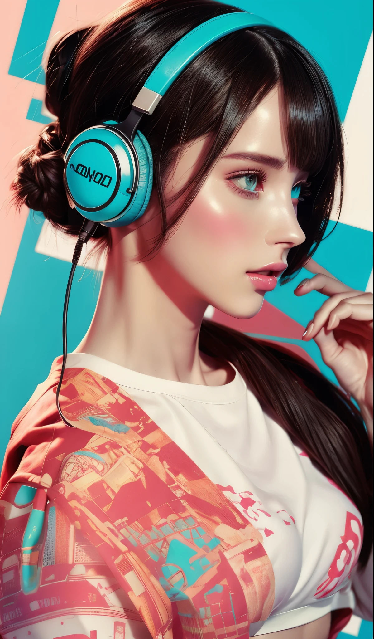 model girl wearing headphones, city background, intricate details, aesthetically pleasing pastel colors, poster background, art by conrad roset and ilya kuvshinov