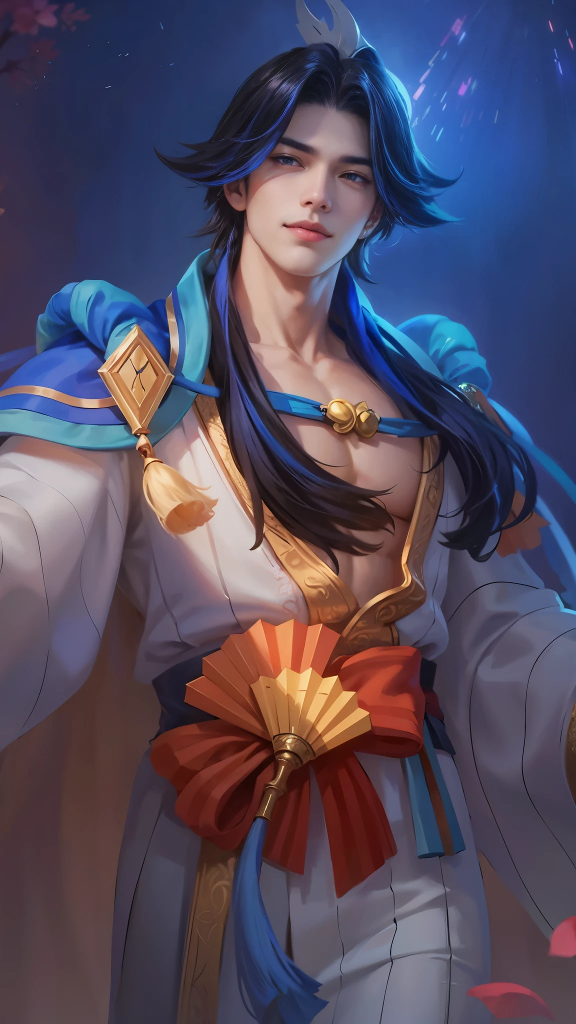 Best quality, masterpiece, detailed skin texture, detailed clothes texture, detailed face, super detail, 8k, intricate detail, 1 boy, The color doesn't change, Muscle guy, 1 guy, smile, a close up of a person with a fan in their hand, heise jinyao, inspired by Huang Shen, zhao yun, keqing from genshin impact, zhongli from genshin impact, bian lian, onmyoji portrait, inspired by Shen Zhou, inspired by Pu Hua, zenra taliyah, sylas, onmyoji detailed art