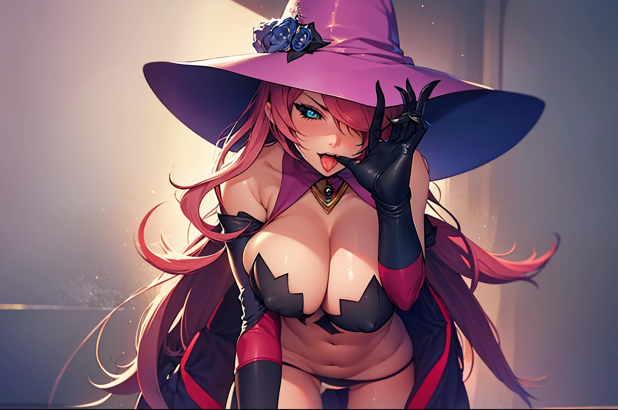 (masterpiece, best quality, high resolution),  (ninems), hat, witch hat, gloves,huge breasts,  shoulders, thighhighs, black legwear,  ((open_mouth,fellatio_gesture,FellatioGesture ),blushing, nsfw), blue eyes, Watch the Viewer