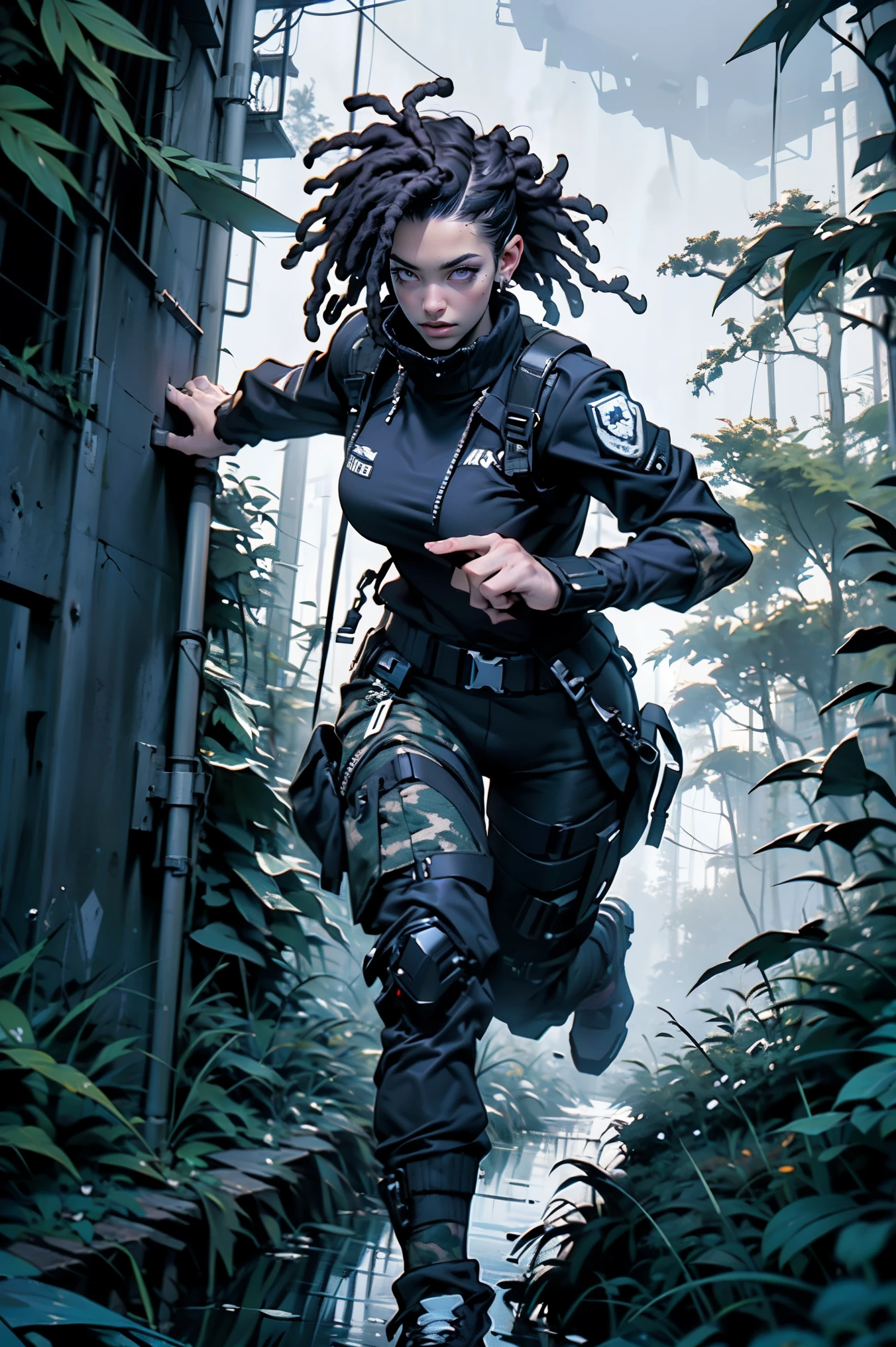 ((Best Quality)), ((Masterpiece)), (High Detail:1.3), gun in hand,beautiful (cyberpunk:1.2) rebel special forces, ((dark-skinned flat-chested Caribbean woman with thick violet dreadlocks hairstyle running through muddy dense cannabis indica forest)) in (in camouflage_uniform:1.1), cerulean digital (camouflage: 1.3), HDR (High Dynamic Range), anisotropic filtering, maximum clarity and sharpnesenacingly storming sky filled with gnarly lightening)