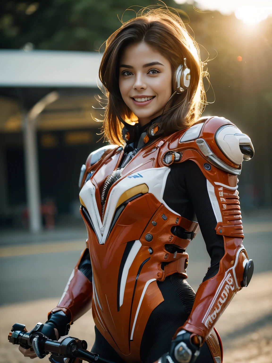 (((A woman with a mechanized body))), dynamic podium: 1.3), (realistic:1.5), (realistic:1.4), 8k, Super detailed beautiful girl, 1 girl, (a sunny day:1.5), intricate body details (highest quality: 1.0), (Super high sharpness: 1.0),(Beautiful and delicate depiction of eyes),(((ride a motorcycle))),unreal engine:1.4,photorealistic:1.4, skin texture:1.4, masterpiece:1.8,highest quality at best,(Wearing the communication headset、future city、((mechanized body))、(((Red Racing Suit)))、(gears in joints)、smile