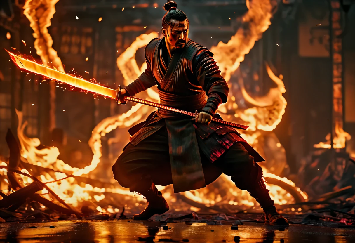 Avengers 4:End Game,sh4g0d风格赛博朋克武士从火焰中崛起,(Strong dynamic stance:1.5),(struggle:1.3),(blood spatter),Strong,His face is very determined, 8k, Ultra-detailed, precise, best quality,Composed of fire elements