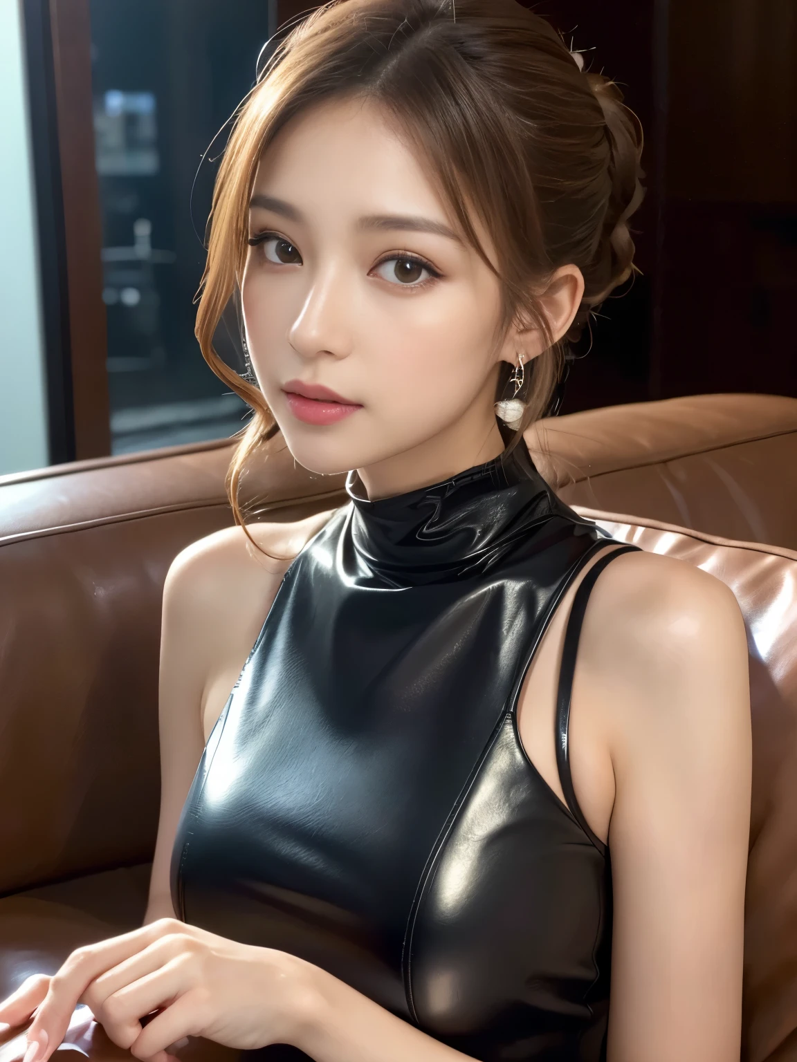 (Best Quality, 8k, 32k, Masterpiece, UHD: 1.3), Attractive Japan Woman Pictures, One Girl, Perfect Body, Ultra Detailed Face, Detailed Lips, Fine Eyes, Double Eyelids, (cocktail dress), light brown hair, ,wavy hair, low ponytail, nightclub, siting leather sofa