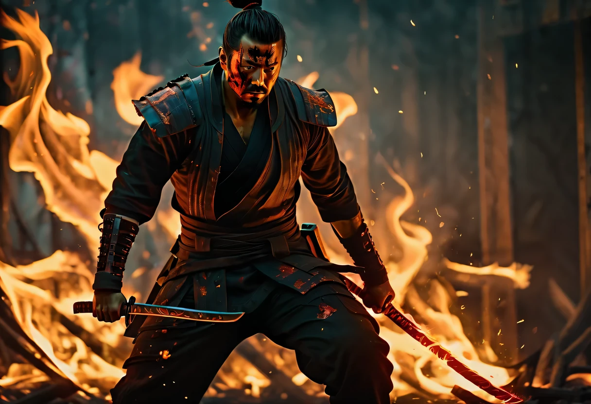 Avengers 4:End Game,sh4g0d风格赛博朋克武士从火焰中崛起,(Strong dynamic stance:1.5),(struggle:1.3),(blood spatter),Strong,His face is very determined, 8k, Ultra-detailed, precise, best quality,Composed of fire elements