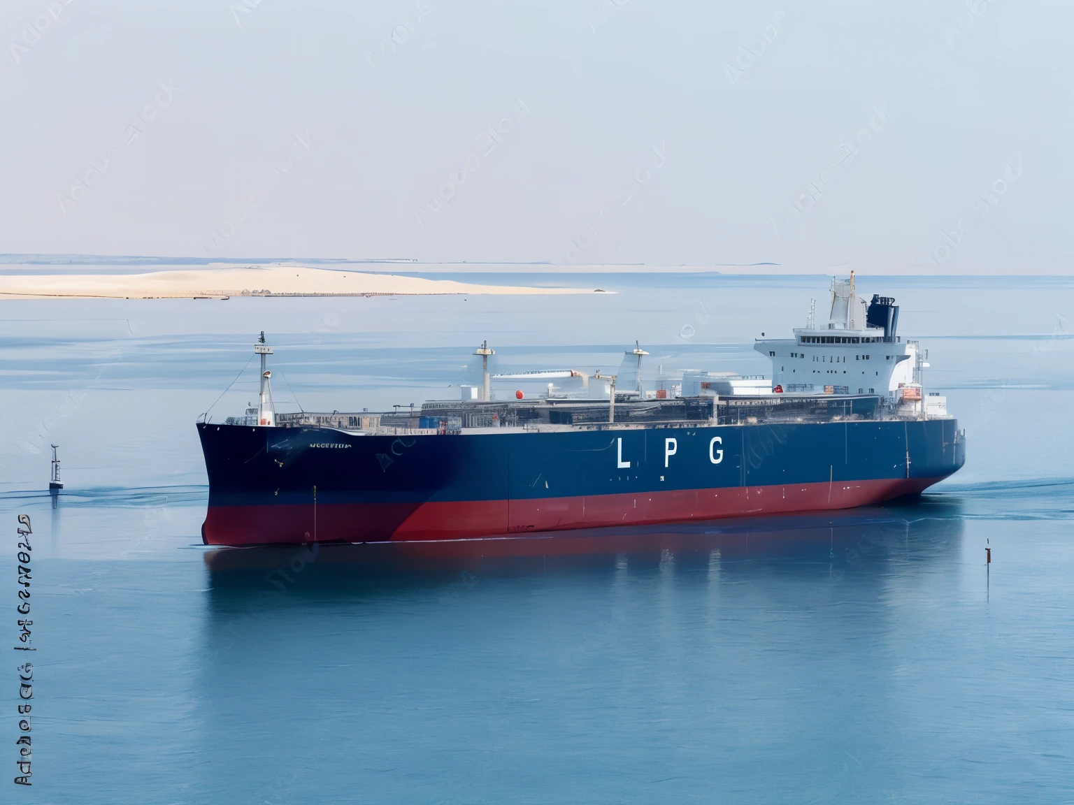 crafted LPG Tanker ship in the water with a sand dune in the background, utilitarian cargo ship, portrait of a big, ship at sea, viewed in profile from far away, ship at sea, the photo shows a large, Le Long, LPG tanker, large portrait, amazing beauty, cinematic full shot, elegant shot, pov photo