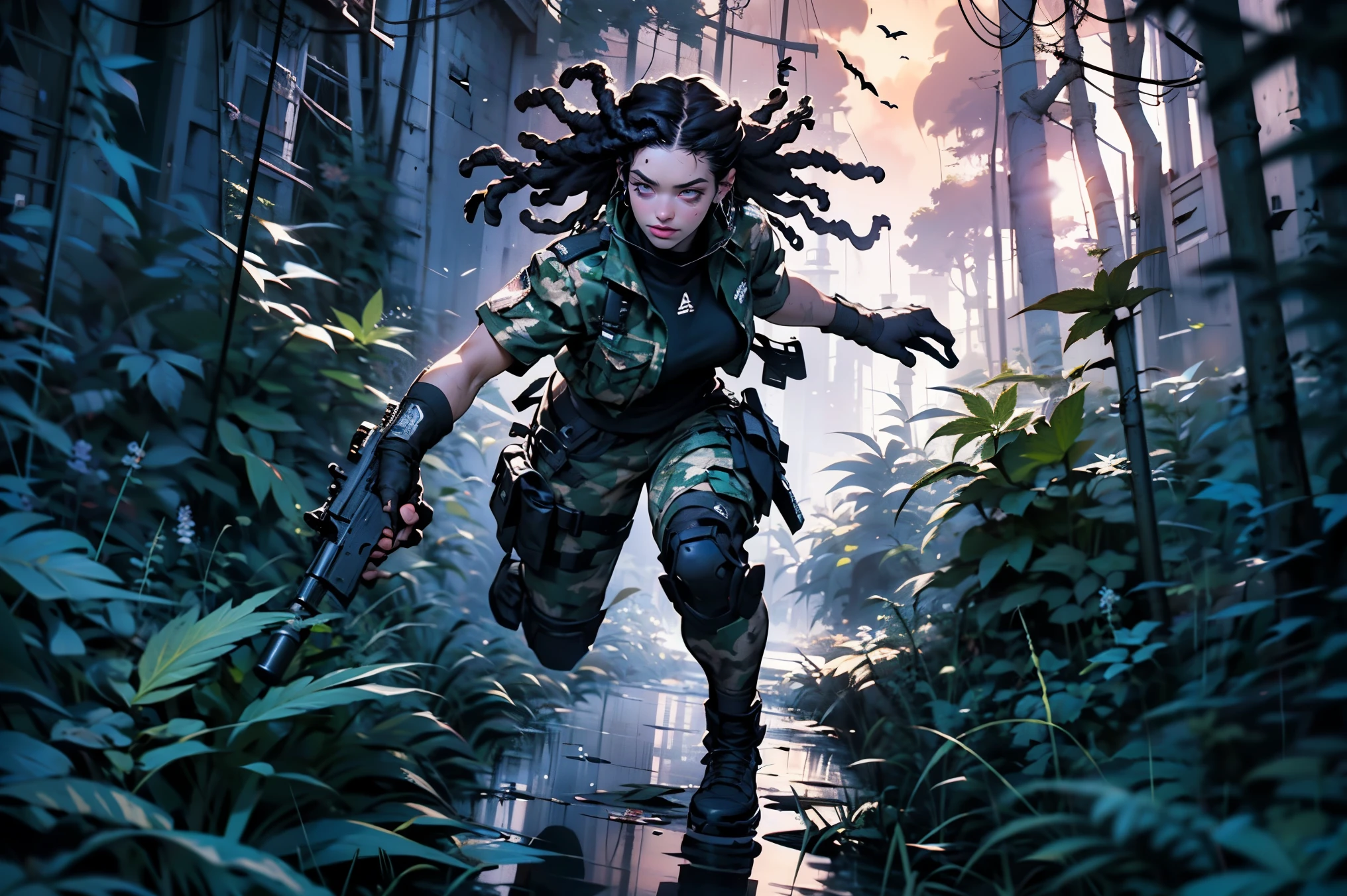 ((Best Quality)), ((Masterpiece)), (High Detail:1.3), gun in hand,beautiful (cyberpunk:1.2) special forces, ((dark-skinned flat-chested Caribbean woman with thick voluminous violet dreadlocks hairstyle running through muddy dense cannabis indica forest)) in (in camouflage_uniform:1.1), digital (camouflage: 1.3), HDR (High Dynamic Range), anisotropic filtering, depth of field, maximum clarity and sharpness, (flaming meteor falling from the storming sky)
