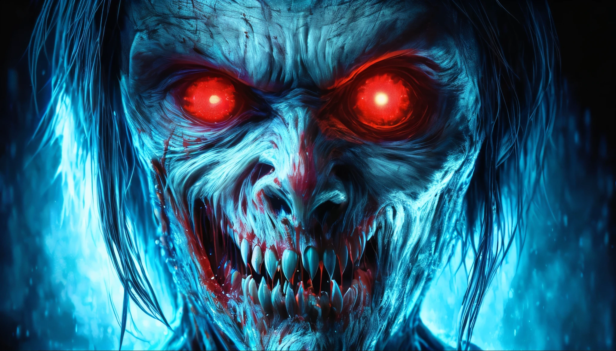 (Upper body、from the chest up:1.5), disgusting horror images, unknown creature、evil smile and glowing eyes, Awesome color art in 4K, Best Jump Scare Scenes, Very scary, glowing eyes and mouth, red eyes shine, his eyes are red and shining, blue shining face, completely red eyes、No pupil、split mouth