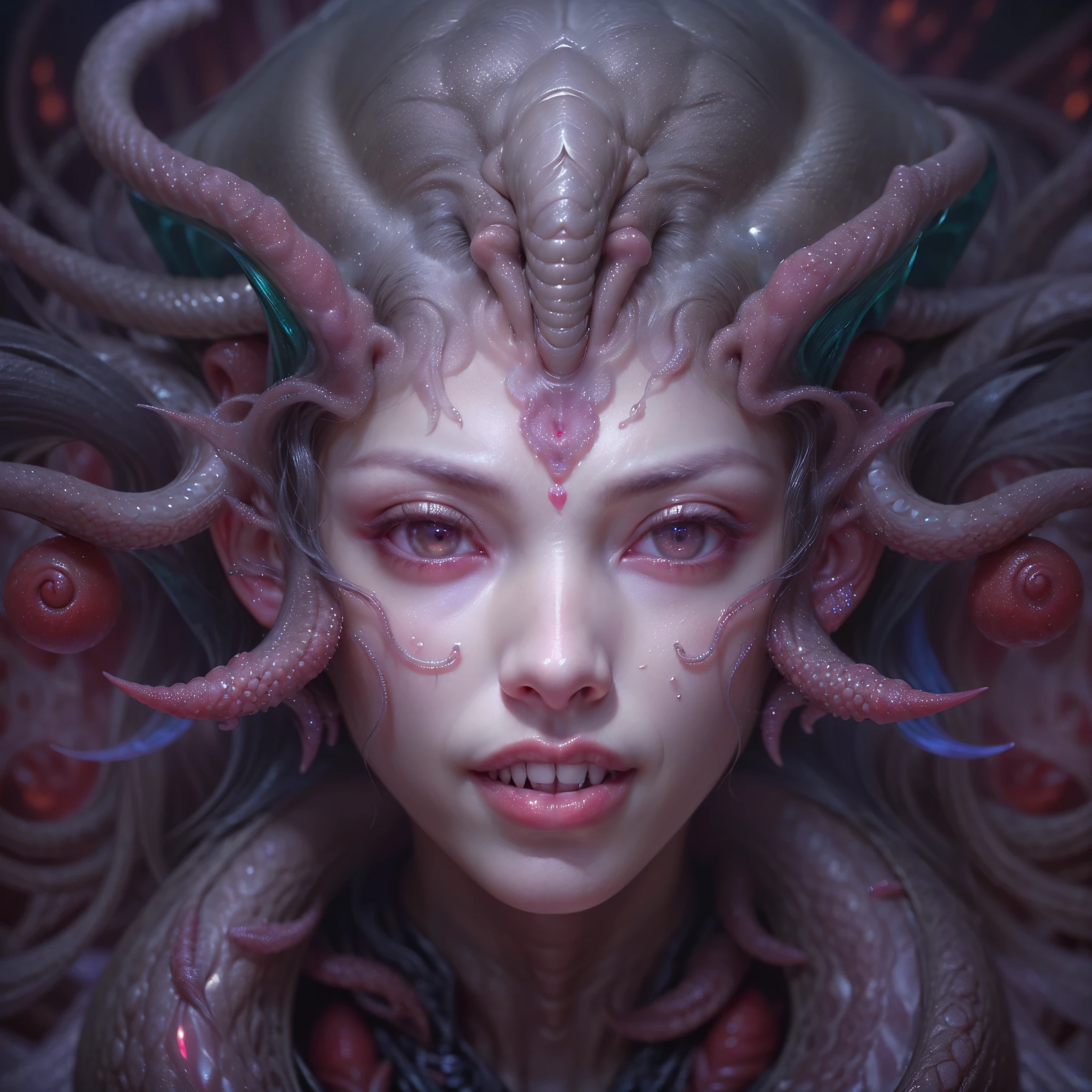 (A portrait of one beautiful and horrable female alien who is a teenager:1.4), ((There is a female genital-like organ in the middle of her forehead:1.8)), (realistic face:1.2), Hyper-realistic crystal clear skin, she is so sleepy, (Numerous award-winning masterpieces, with incredible detail, textures and maximum detail), midnight aura, unreal engine 5, Ultra Sharp Focus, midnight aura, unreal engine 5, Ultra Sharp Focus, (art by Amano Yoshitaka:1.5), ArtGerm, Roisch, intricate artwork, ultra realistic realism, high resolution, High freshness, drawing faithfully, official art, Unity 8K Wall paper, ultra detailed artistic photography, dream-like, Creation of fantasy, dream Snail, (biopunk nautilus:1.3),Thrilling color schemes, Amazing mutation, well-proportioned body, goddess of the deep sea, fractal, Geometric pattern, impossible figures, (a lot of crystal clear white tentacles with luminescent organs:1.4), subtle emerald green accents, (smiling seductively:1.3),(She has the most beautiful face in the history of the universe:1.5), (she is looking down at viewers with glowing red eyes with no pupils:1.3), an evil gaze that seduces, cinematic lighting, (no makeup:1.3), (Vampire-like long canine teeth can be glimpsed through the gap between the cute lips:1.5), in the hall of the palace, Sweet breath is exhaling from beautiful lips, ecstatic expression, she has numerous translucent tentacles from her head like hair