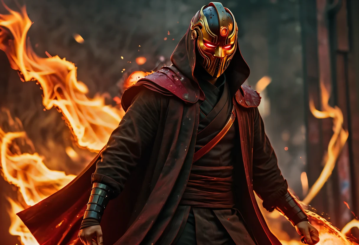 Avengers 4:End Game，sh4g0d风格赛博朋克武士从火焰中崛起，(cape mask:1.2),(Strong dynamic stance:1.5)，(struggle:1.3)，(blood spatter)，Strong，His face is very determined， 8k, Ultra-detailed, precise, best quality，Composed of fire elements