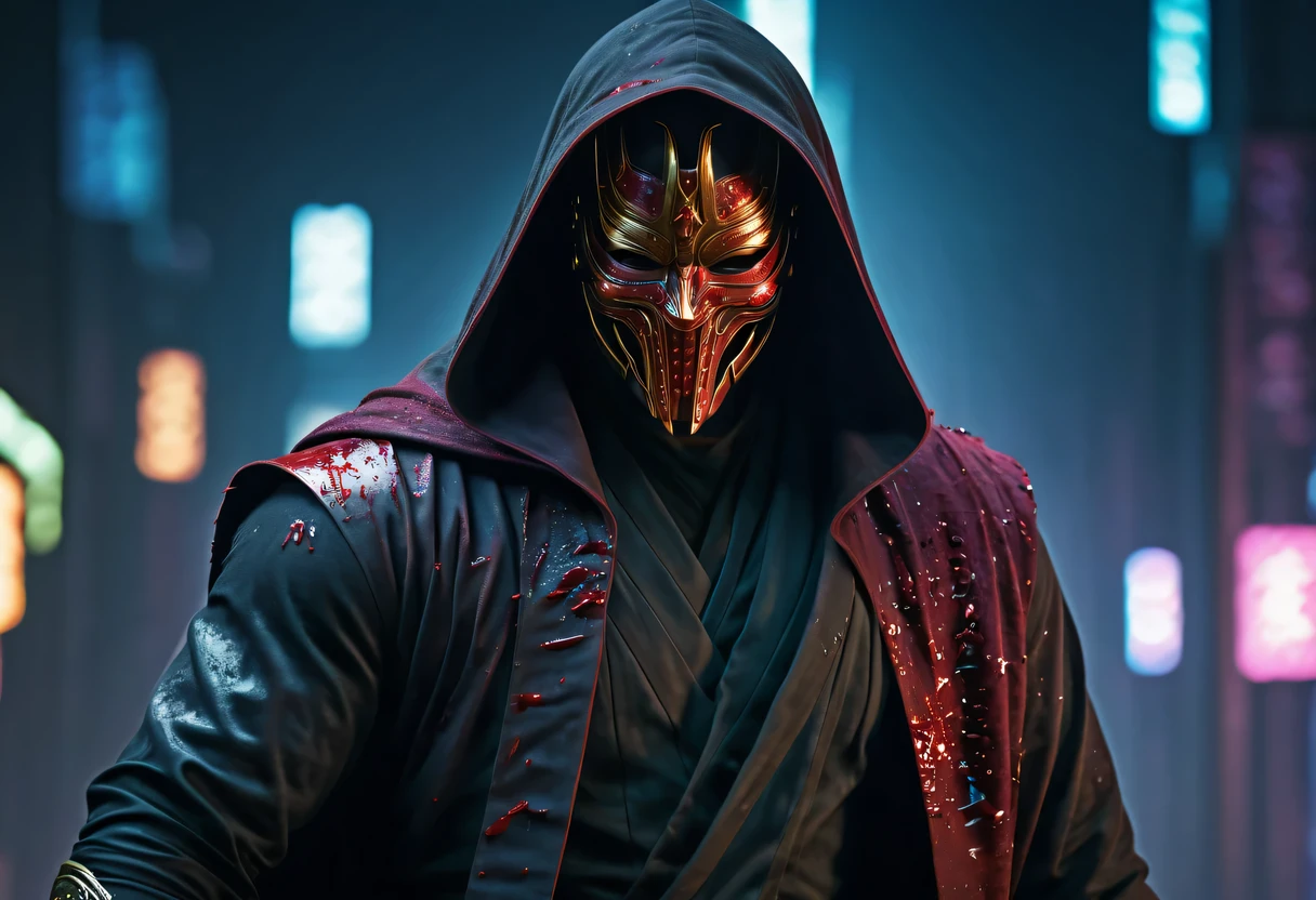 Avengers 4:End Game，sh4g0d风格赛博朋克武士，(cape mask:1.2),(Strong dynamic stance:1.5)，(struggle:1.3)，(blood spatter)，Strong，His face is very determined， 8k, Ultra-detailed, precise, best quality