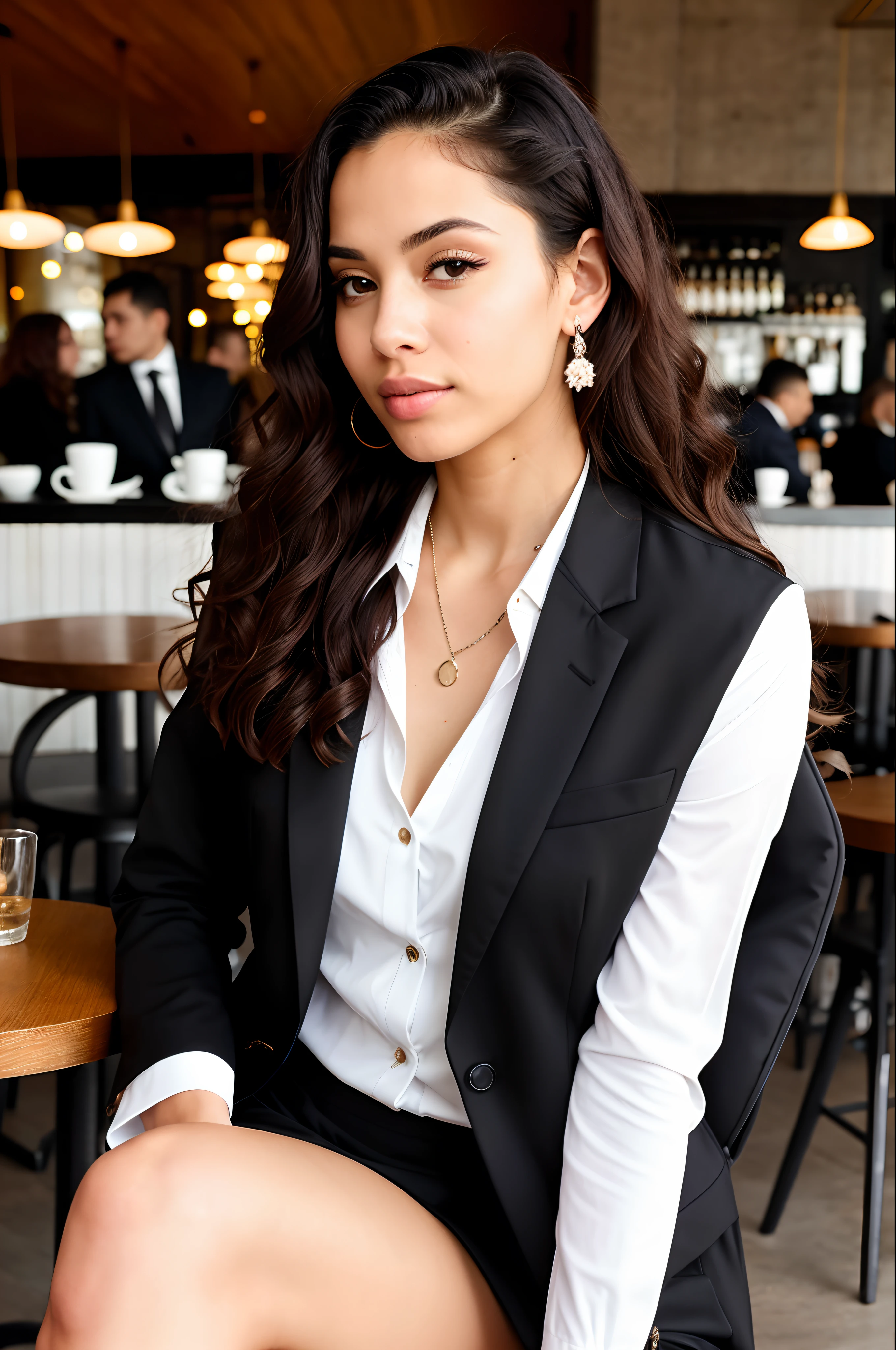 imagem ultra realista de uma mulher de pele clara bonita, cabelos longos e cacheados, olhos pretos, vestido em um conjunto formal com um blazer branco com detalhes pretos, sitting in a cafe