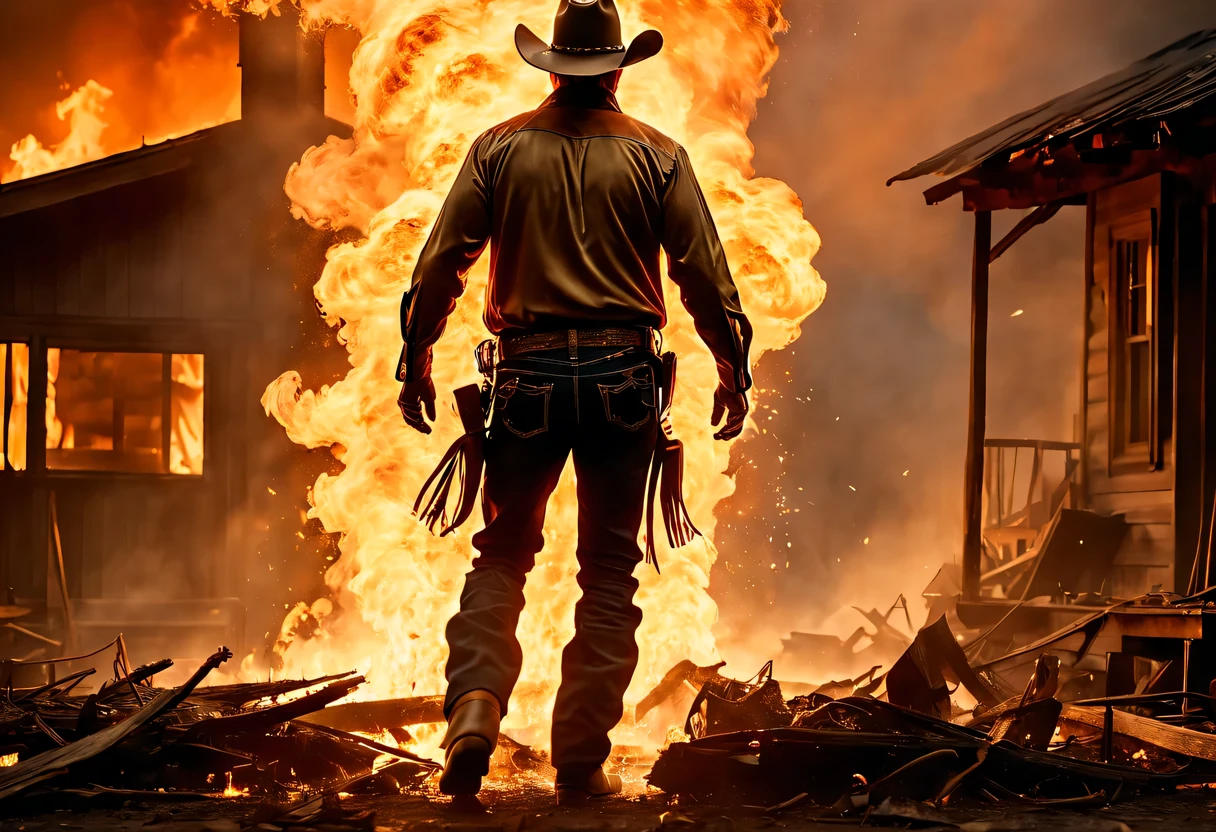 (8k, 16k, Award-winning, best quality, Highest resolution, super detailed, High detail textures, anatomically correct, masterpiece:1.2), A cowboy emerges from the flames, explosion background, destroyed house, Thick smoke, Montage Photography Technique，director:James Cameron,A sharp contrast between cool and warm colors,movie lighting, motion blur, spark, Ray tracing, reflected light, backlight, film grain, Vignetting