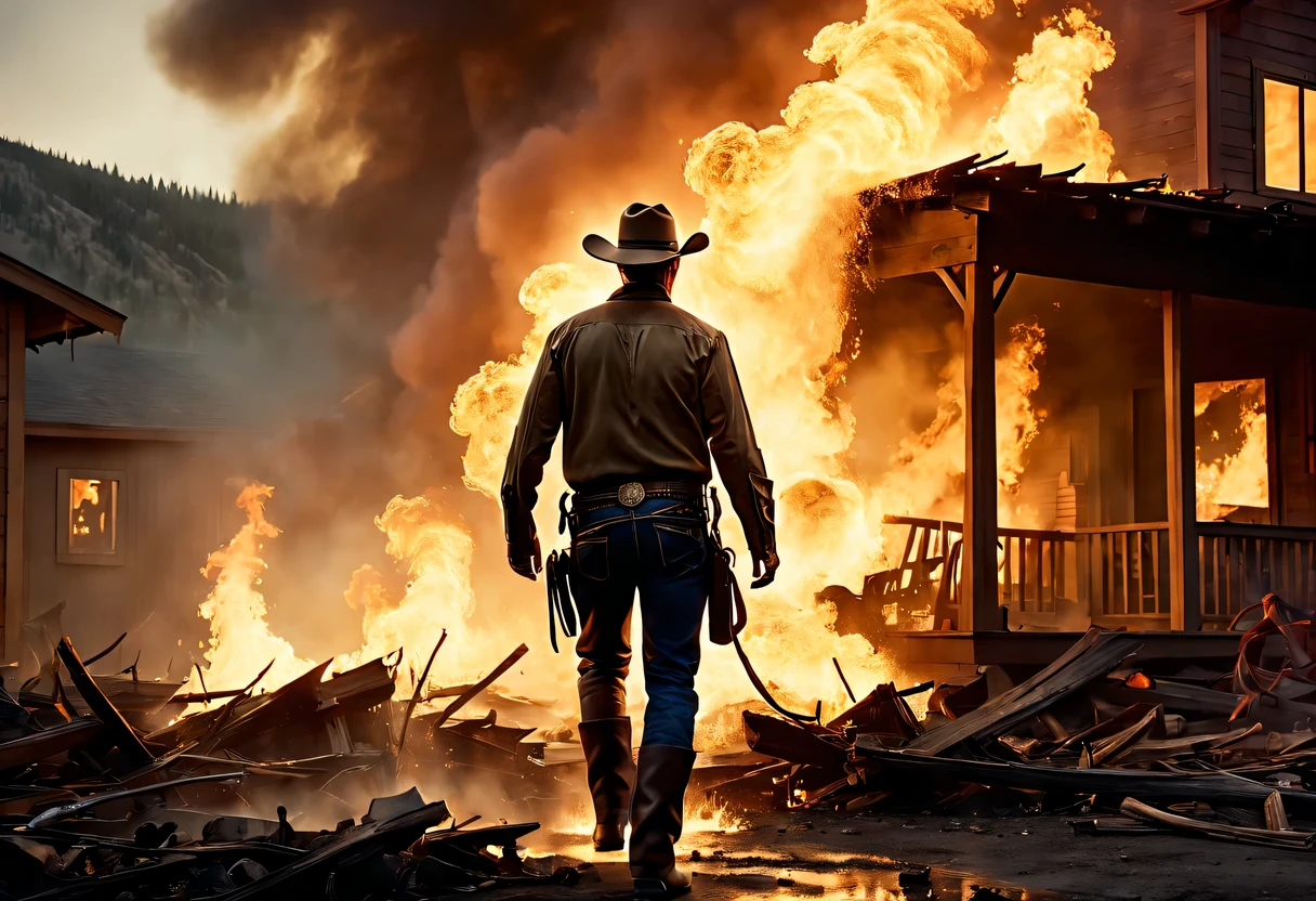 (8k, 16k, Award-winning, best quality, Highest resolution, super detailed, High detail textures, anatomically correct, masterpiece:1.2), A cowboy emerges from the flames, explosion background, destroyed house, Thick smoke, Montage Photography Technique，director:James Cameron,A sharp contrast between cool and warm colors,movie lighting, motion blur, spark, Ray tracing, reflected light, backlight, film grain, Vignetting