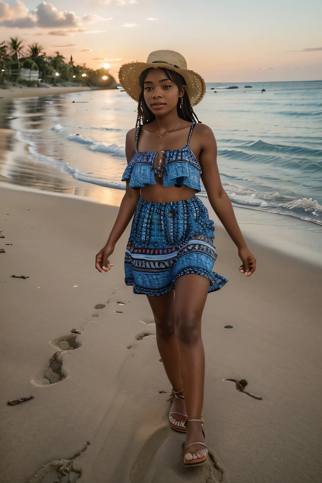 8k, highest quality, ultra details, African-American, young female, everyday American style, striped dress, straw hat, sandals, walking along a beach, sunset.