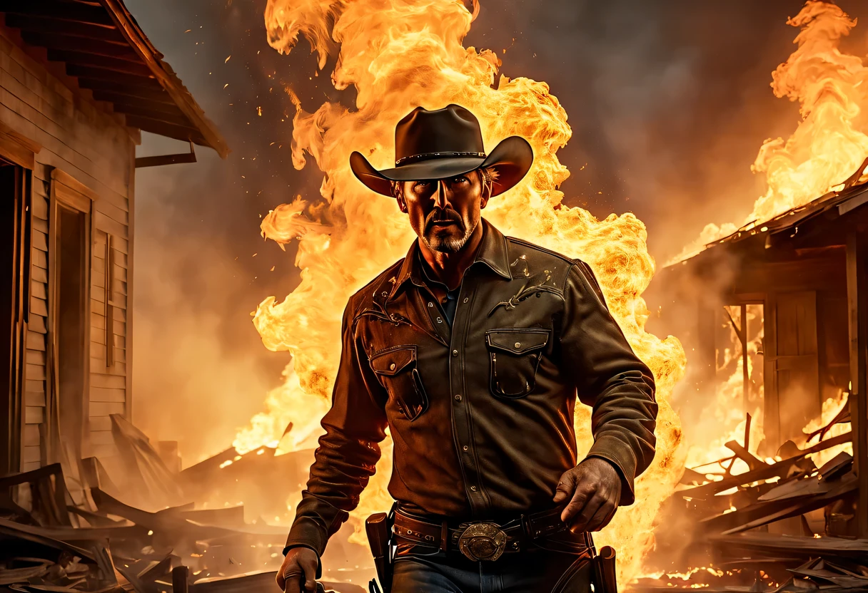 (8k, 16k, Award-winning, best quality, Highest resolution, super detailed, High detail textures, anatomically correct, masterpiece:1.2), A cowboy emerges from the flames, explosion background, destroyed house, Thick smoke, Montage Photography Technique,director:James Cameron,A sharp contrast between cool and warm colors,movie lighting, motion blur, spark, Ray tracing, reflected light, backlight, film grain, Vignetting