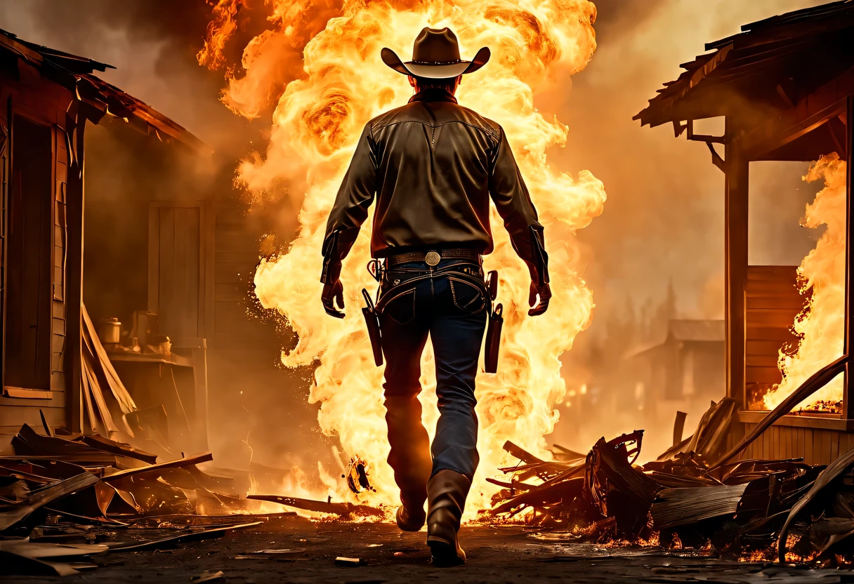 (8k, 16k, Award-winning, best quality, Highest resolution, super detailed, High detail textures, anatomically correct, masterpiece:1.2), A cowboy emerges from the flames, explosion background, destroyed house, Thick smoke, Montage Photography Technique，director:James Cameron,A sharp contrast between cool and warm colors,movie lighting, motion blur, spark, Ray tracing, reflected light, backlight, film grain, Vignetting