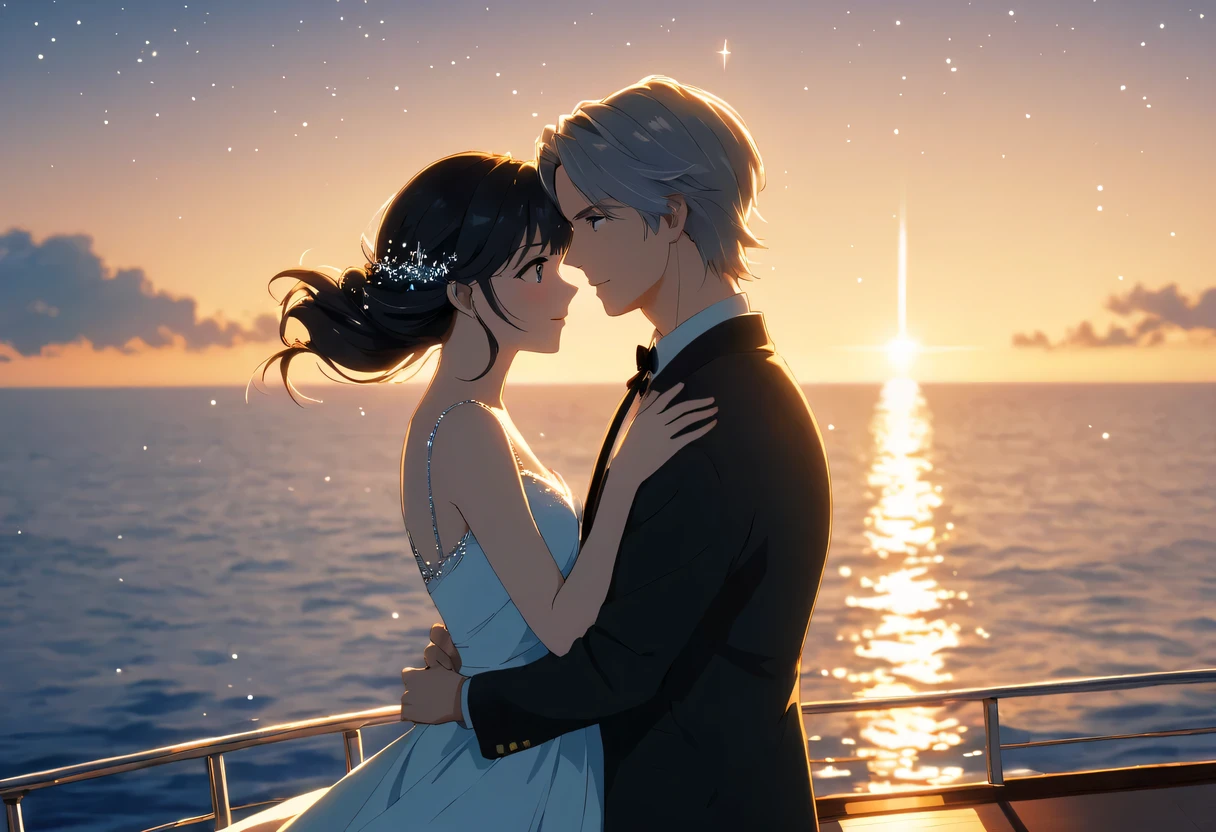 （best quality，4k，8k，high resolution，masterpiece：1.2），super detailed，（lifelike，lifelike，照片lifelike：1.37），quiet and desolate，contour，backlight，Contrast of light and shadow，smoke，movie lighting，particle，night at sea，Boat，sea breeze，情侣拥抱在Boat头的甲板上，sea breeze吹拂着他们的头发和衣角。男子身穿一件普通的Boat员，But the gleam in his eye and confident demeanor set him apart。woman wearing white evening dress，Like a goddess under the moonlight，Elegant and noble。Boat头的边缘，Looking at the vast sea ahead。The sea is sparkling，It seems like there are countless stars twinkling。Their eyes met，Full of deep love and longing for the future。At this point，It was as if the whole world had stood still，Only the two of them and the boundless ocean are left。Montage Photography Technique,movie lighting, motion blur, spark, Ray tracing, reflected light, backlighting, film grain, Vignetting