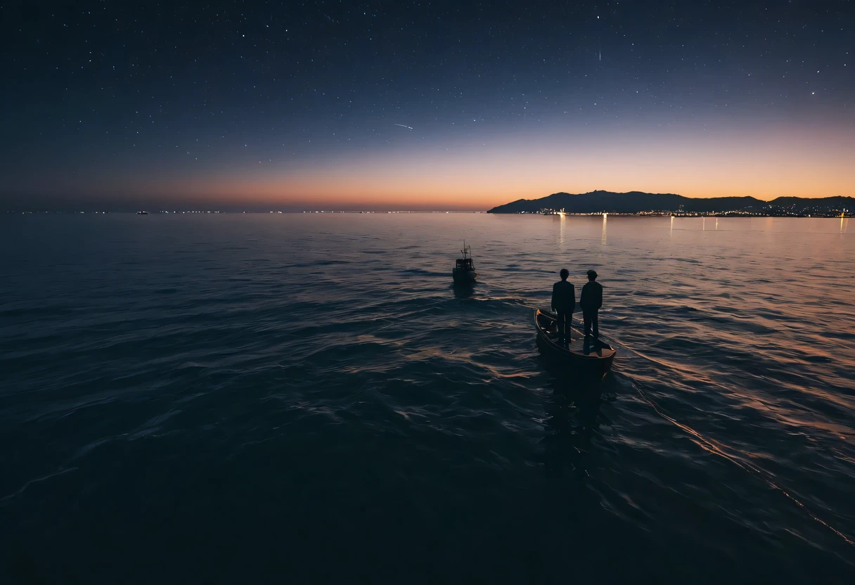 （best quality，4k，8k，high resolution，masterpiece：1.2），super detailed，（lifelike，lifelike，照片lifelike：1.37），quiet and desolate，contour，backlight，Contrast of light and shadow，smoke，movie lighting，particle，night at sea，Boat，sea breeze，情侣拥抱在Boat头的甲板上，sea breeze吹拂着他们的头发和衣角。男子身穿一件普通的Boat员，But the gleam in his eye and confident demeanor set him apart。woman wearing white evening dress，Like a goddess under the moonlight，Elegant and noble。Boat头的边缘，Looking at the vast sea ahead。The sea is sparkling，It seems like there are countless stars twinkling。Their eyes met，Full of deep love and longing for the future。At this point，It was as if the whole world had stood still，Only the two of them and the boundless ocean are left。Montage Photography Technique,movie lighting, motion blur, spark, Ray tracing, reflected light, backlighting, film grain, Vignetting
