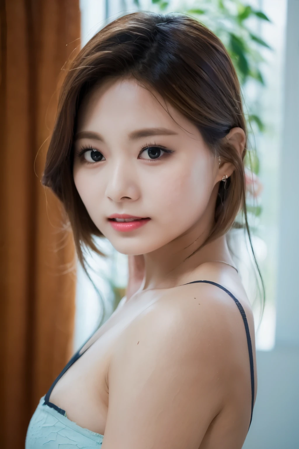 tzuyutwice、japanese girls、8k, best quality、 real image, intricate detail、ultra-detail、ultra-high resolution、 depth field、 (realistic, realistic: 1.2), masterpiece, photo 1girl,18yo girl、ple short hair、black Hair、bangs、BROWN EYES、Perfect figure、Sense of transparency、luster、 Mysterious, Intricate details, Erotic,,((layers-Cut,tits out:1.2)), big breasts, thin waist, tight hips, Wet and messy、de pele branca、Black panties、A sexy、bra very、a shower、bathroom