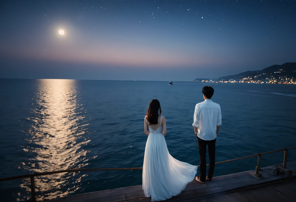 night at sea,Boat,sea breeze,情侣站在Boat头的甲板上,sea breeze吹拂着他们的头发和衣角。man,That'JK,他身穿一件普通的Boat员,But the gleam in his eye and confident demeanor set him apart。He held the woman beside him tightly——Ruth,She is wearing a white evening dress,Like a goddess under the moonlight,Elegant and noble。JK轻轻地将露丝引到Boat头的边缘,two people are standing side by side,Looking at the vast sea ahead。The sea is sparkling,It seems like there are countless stars twinkling。Their eyes met,Full of deep love and longing for the future。At this point,It was as if the whole world had stood still,Only the two of them and the boundless ocean are left。Montage Photography Technique,director:James Cameron,《Titanic》,A sharp contrast between cool and warm colors,movie lighting, motion blur, spark, Ray tracing, reflected light, backlight, film grain, Vignetting