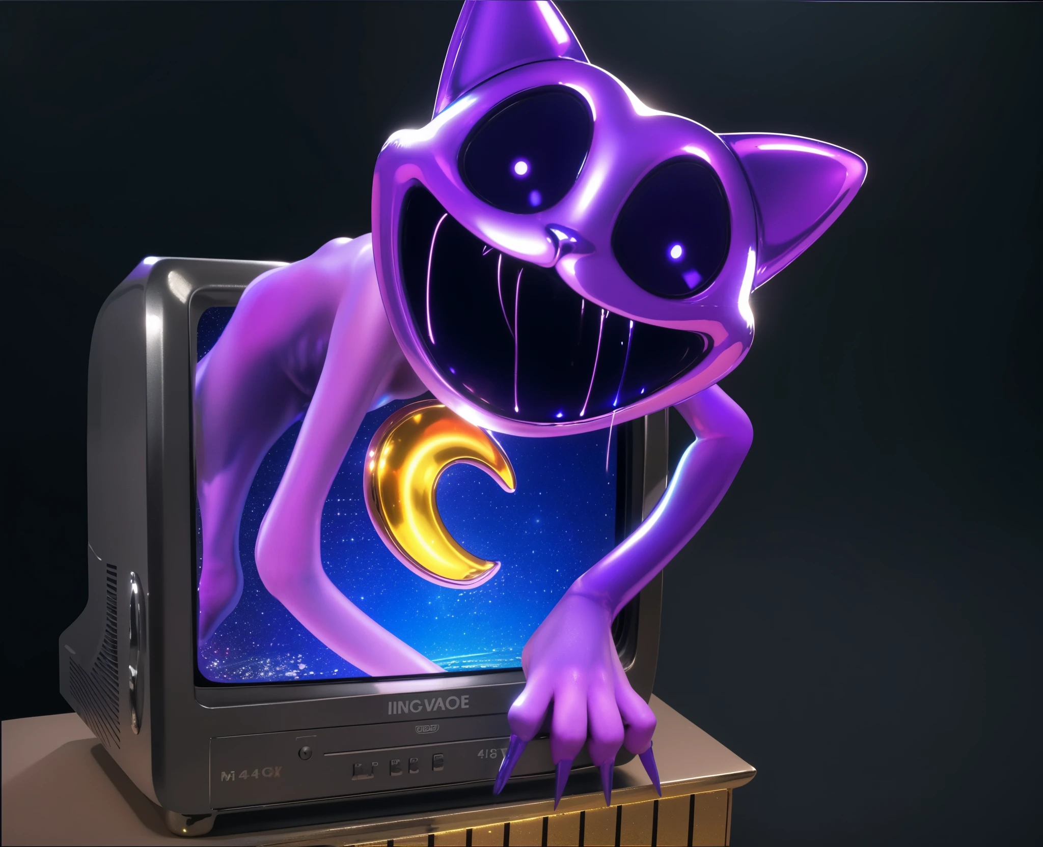 violet cat toy, toy cat, the cat climbs out of the TV, glossy texture, smooth 3d model, multiple light sources, rim light, sharp post effects render, (glossy metallic texture with multiple big light probe refractions), perfect cgi, cgi art created only with gradients, smooth silhouette, high intensity refraction, (super glossy chrome material), most beautiful vfx, blue background, chrome metal refractions, 3d model, digital art, detailed digital art, beautiful light, reflective, best quality, 4k, masterpiece:1.2, ultra-detailed, realistic, vivid colors, The image of the highest quality, ensuring every detail showcased perfectly. It in 4k resolution, allowing viewers to immerse themselves in the richness of the colors and intricate details. The realistic rendering. reflecting, high-resolution image, realistic rendering, rim light, multiple light sources, rim light, sharp post effects render, (glossy metallic texture with multiple big light probe refractions), perfect cgi, cgi art created only with gradients, smooth silhouette,
