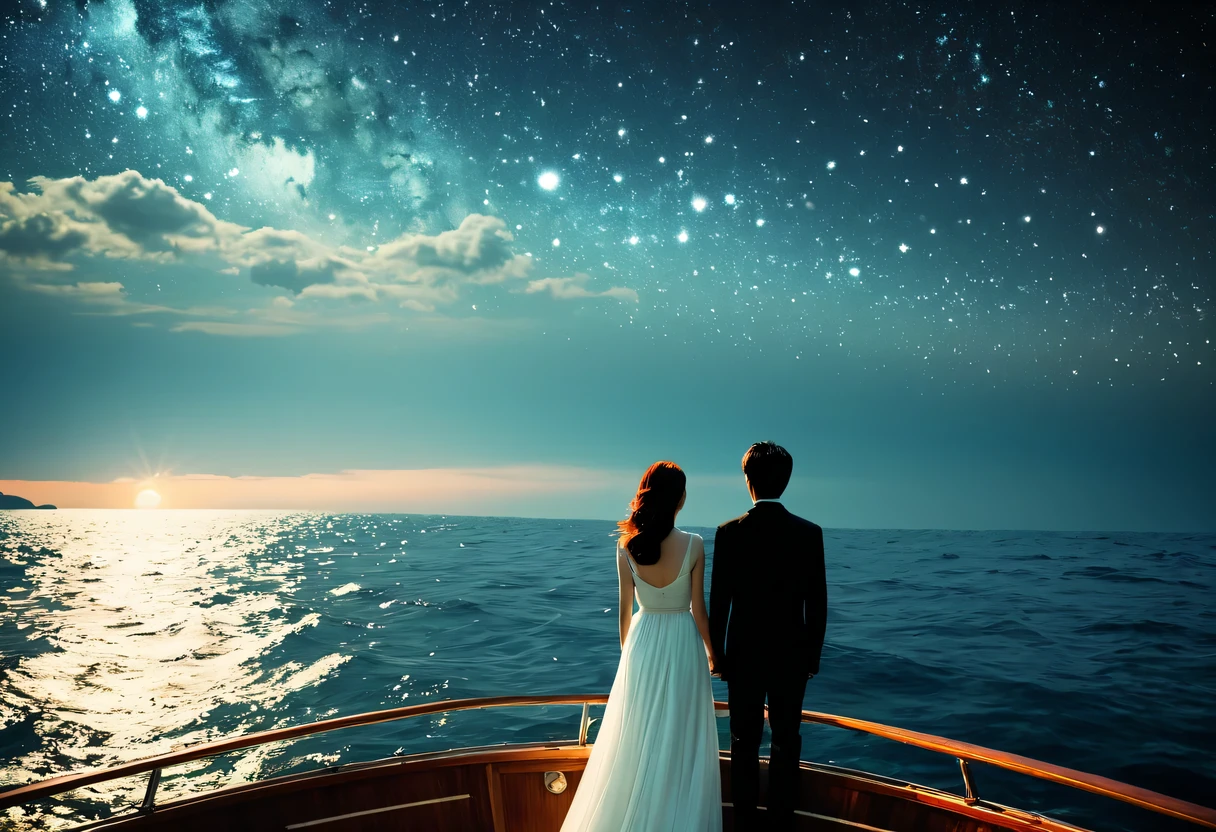 night at sea，Boat，sea breeze，情侣站在Boat头的甲板上，sea breeze吹拂着他们的头发和衣角。man，That&#39;JK，他身穿一件普通的Boat员，But the gleam in his eye and confident demeanor set him apart。He held the woman beside him tightly——Ruth，She is wearing a white evening dress，Like a goddess under the moonlight，Elegant and noble。JK轻轻地将露丝引到Boat头的边缘，two people are standing side by side，Looking at the vast sea ahead。The sea is sparkling，It seems like there are countless stars twinkling。Their eyes met，Full of deep love and longing for the future。At this point，It was as if the whole world had stood still，Only the two of them and the boundless ocean are left。Montage Photography Technique，director:James Cameron,《Titanic》,A sharp contrast between cool and warm colors,movie lighting, motion blur, spark, Ray tracing, reflected light, backlight, film grain, Vignetting