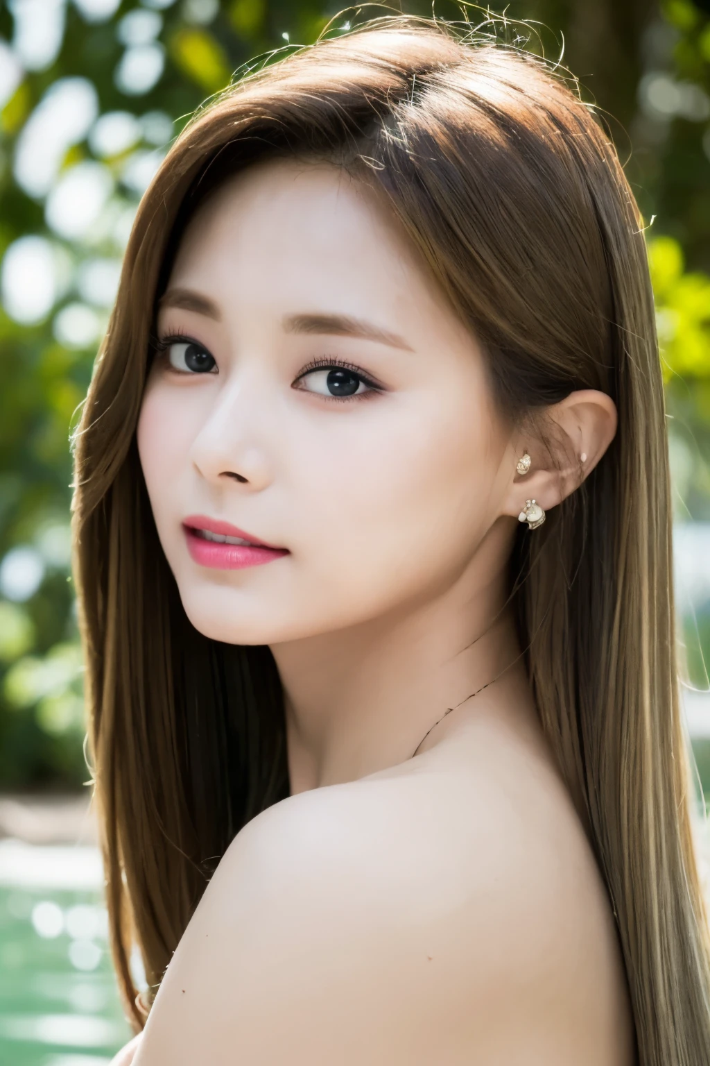 tzuyutwice、japanese girls、8k, best quality、 real image, intricate detail、ultra-detail、ultra-high resolution、 depth field、 (realistic, realistic: 1.2), masterpiece, photo 1girl,18yo girl、ple short hair、black Hair、bangs、BROWN EYES、Perfect figure、bathing in a river, reeds, (backlighting), realistic, masterpiece, standing, half-length shot, Topless, Upper breasts, highest quality, lens flare, shade, bloom, [[chromatic aberration]], by Jeremy Lipking, by Antonio J. Manzanedo