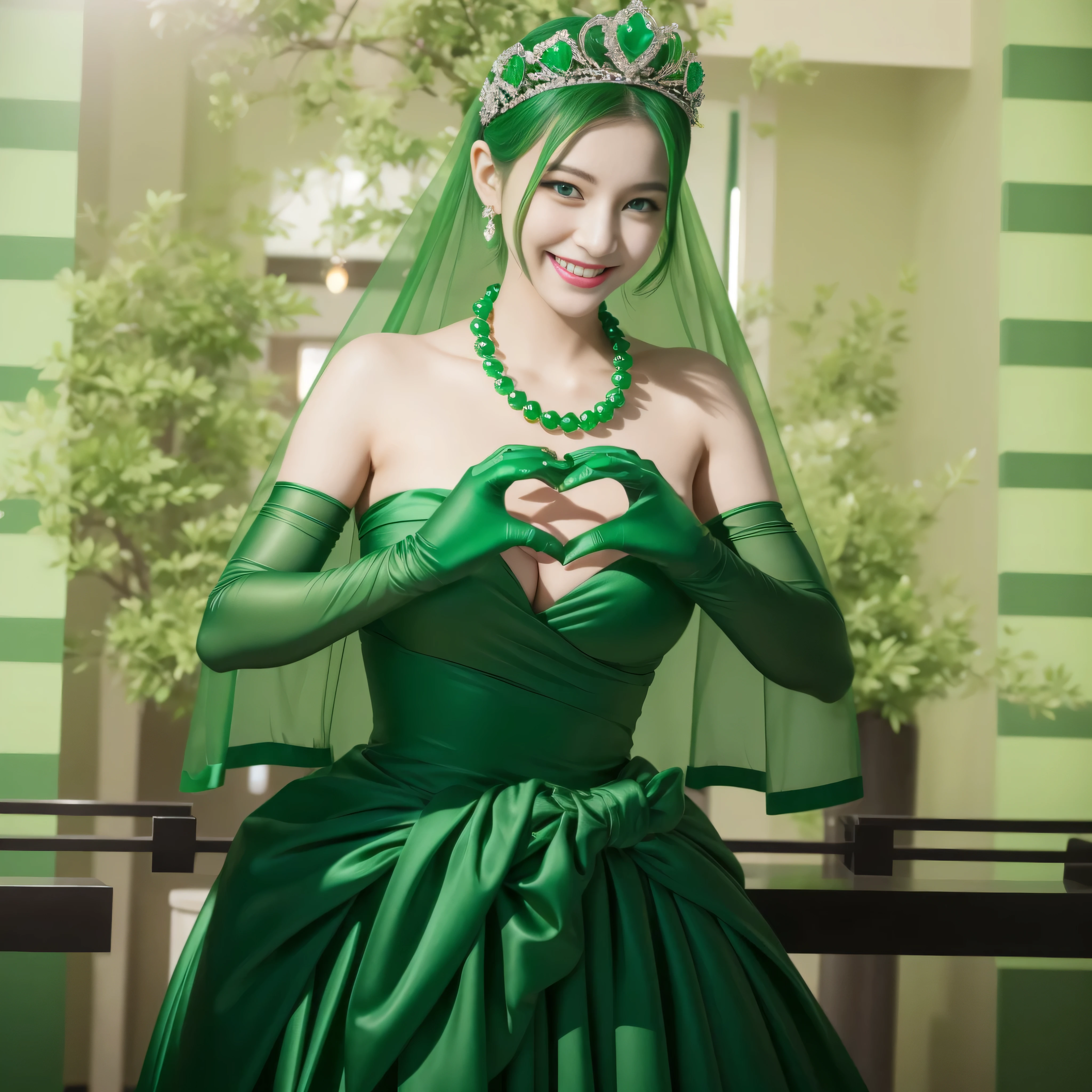emerald tiara, Green Pearl Necklace, ボーイッシュな非常に短いgreen hair, lipstick, smiling Japanese woman, very short hair,  beauty of big breasts, green eyes, green satin long gloves, green eyes, emerald earrings, Green veil, Heart with both hands, green hair, beautiful japanese woman, heart shaped hands:1.3, green lip gloss