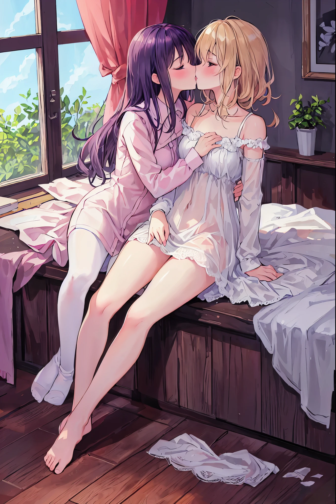 masterpiece, highest quality ,, 2 girls, lily, (kiss:1.8), (フレンチ・kiss), blushする, close your eyes, (tongue), (saliva), (groping), put your hand on your chest, tongue吸い, female doctor and nurse, white clothes, pantyhose, disheveled clothes, sheer panties, A blouse that sticks to your body with sweat, thin underwear, lingerie, Panties that are about to be taken off,small breasts, ecstasy, messy hair, wet feet, wet clothes,slenderボディ,in the bedroom,Lie,blush,Crotch fingers,dim room,night,22 years old,Mature,slender,Foliage plant,big window,long limbs,