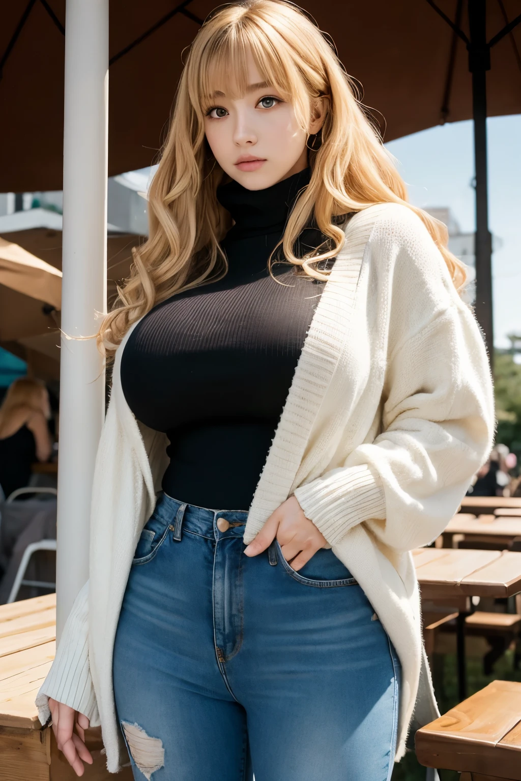 loose long jeans, long full baggy turtleneck, cardigan, sfw, (fully clothed:1.1), (gigantic oppai colossal breasts:1.25), (top heavy:1.4), young American woman with very long messy curly blonde hair, long bangs, 18 years old, full body, lithe figure, angled view, arched, food truck, parking lot, lamppost, picnic tables, people, soft light, warm glow on her face and body, aloof, high-detail skin, hdr, very long curly blonde hair