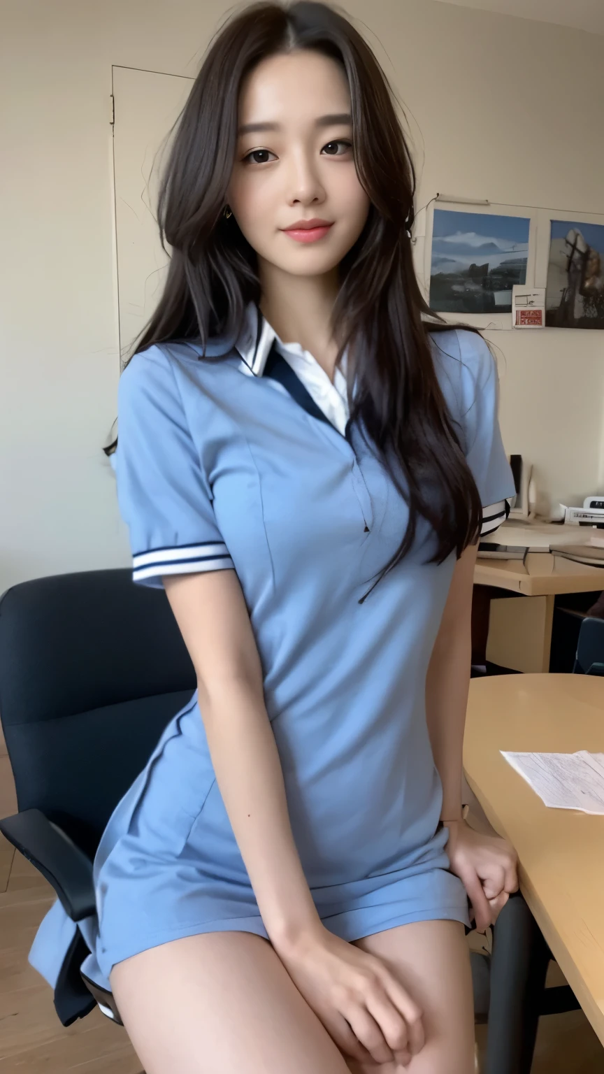 ((top-quality、8k、​masterpiece:1.3))、Beautiful woman with perfect body:1.4、slim abdomen:1.2、Longhair, normal breast, Highly detailed facial and skin texture, A detailed eye, delicate eyes, double eyelid, (smile), (full body shot), ((office)), (sitting on chair), (((wearing blue uniform 1.1)), looking in front