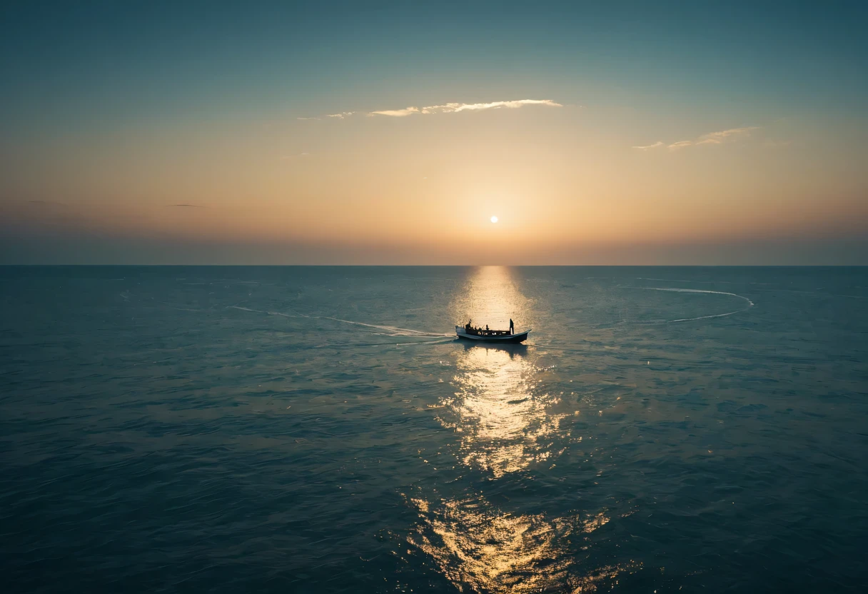 （best quality，4k，8k，high resolution，masterpiece：1.2），super detailed，（lifelike，lifelike，照片lifelike：1.37），quiet and desolate，contour，backlight，Contrast of light and shadow，smoke，movie lighting，particle，night at sea，Boat，sea breeze，情侣拥抱在Boat头的甲板上，sea breeze吹拂着他们的头发和衣角。男子身穿一件普通的Boat员，But the gleam in his eye and confident demeanor set him apart。woman wearing white evening dress，Like a goddess under the moonlight，Elegant and noble。Boat头的边缘，Looking at the vast sea ahead。The sea is sparkling，It seems like there are countless stars twinkling。Their eyes met，Full of deep love and longing for the future。At this point，It was as if the whole world had stood still，Only the two of them and the boundless ocean are left。Montage Photography Technique,movie lighting, motion blur, spark, Ray tracing, reflected light, backlighting, film grain, Vignetting
